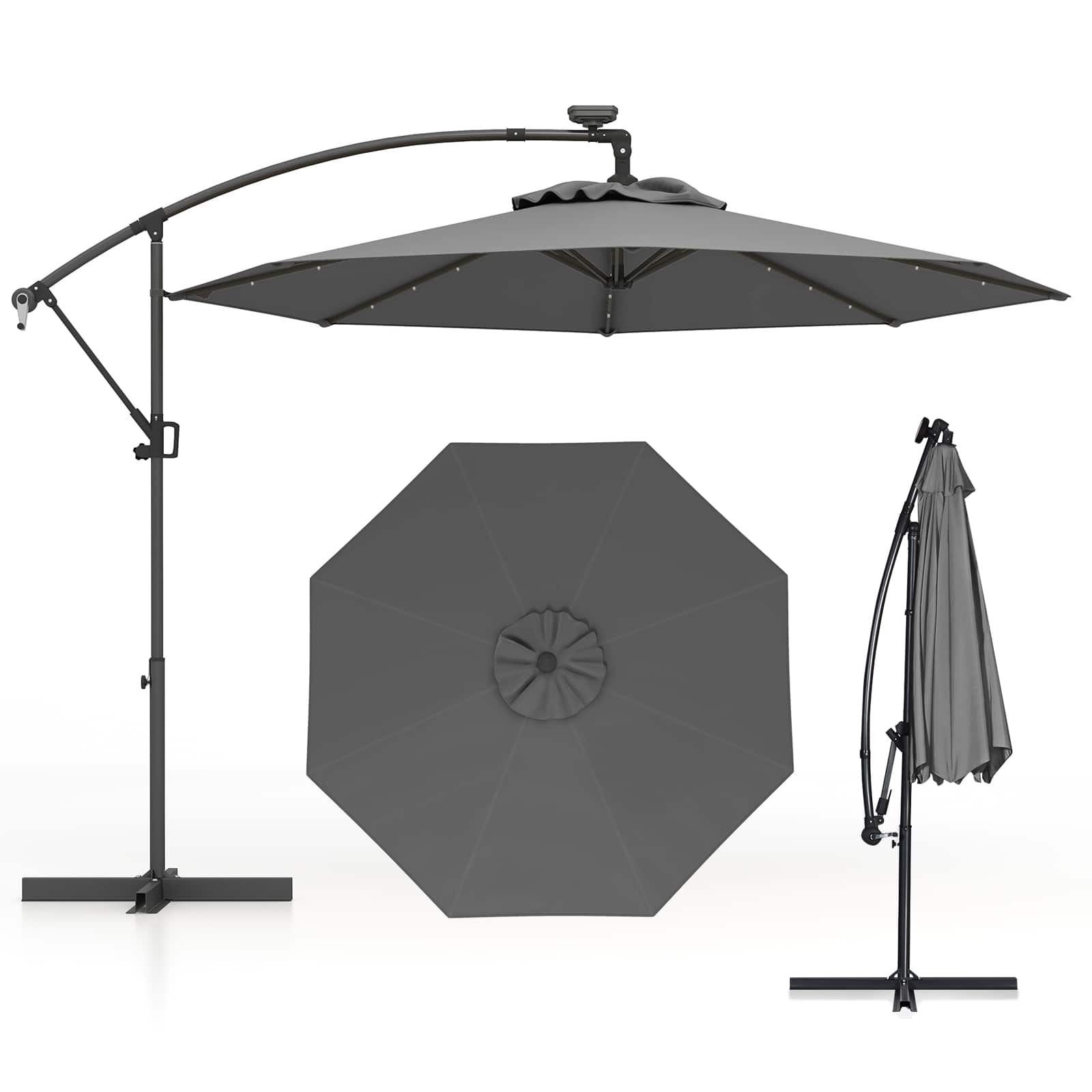 Gymax - 10FT Offset Umbrella 360° Rotation Sun Shade Solar Powered LED Patio - Gray