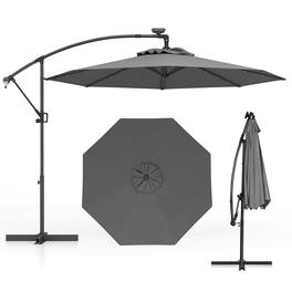 Gymax - 10FT Offset Umbrella 360° Rotation Sun Shade Solar Powered LED Patio - Gray