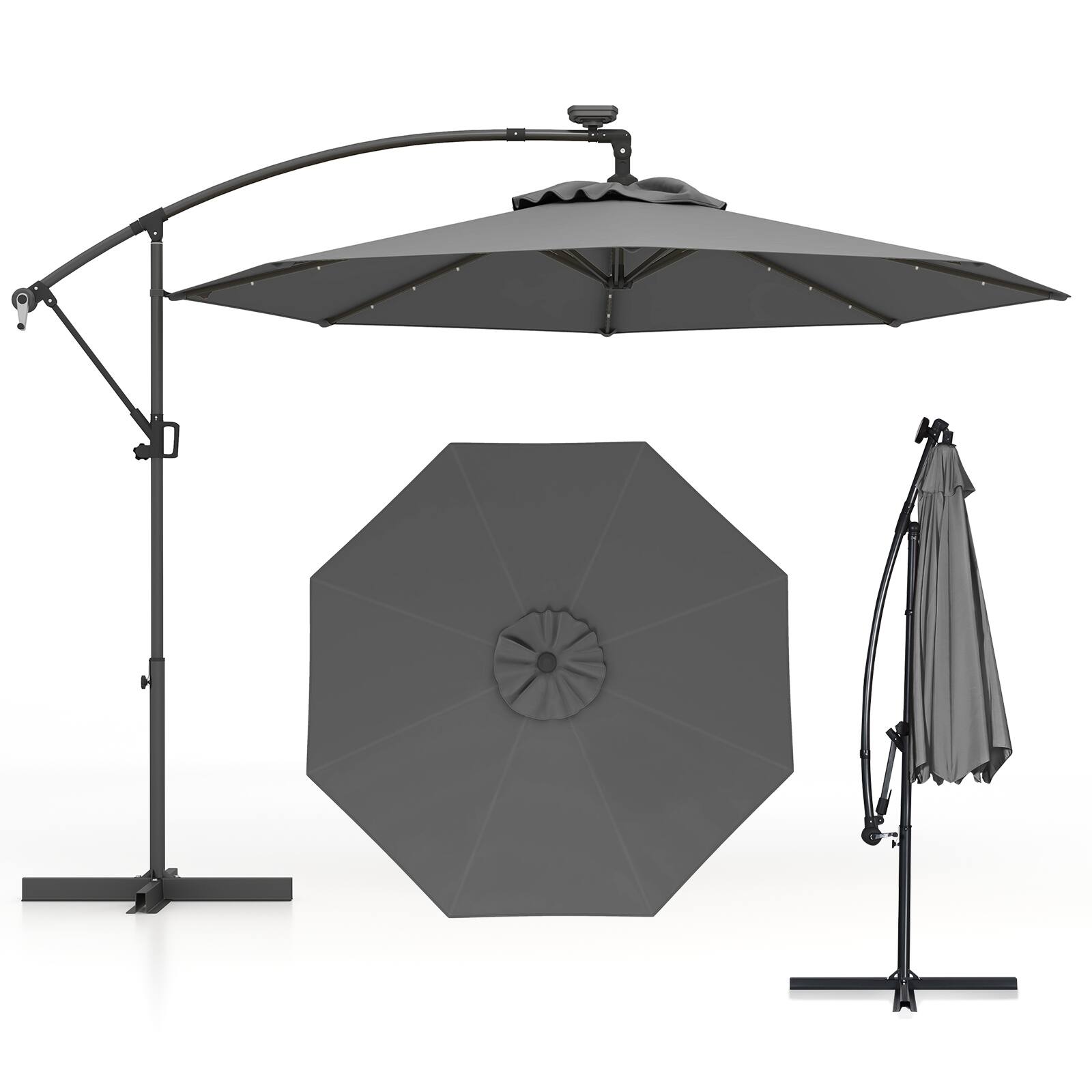 Front. Gymax - Gymax 10FT Offset Umbrella 360° Rotation Sun Shade Solar Powered LED Gray Patio - Gray.