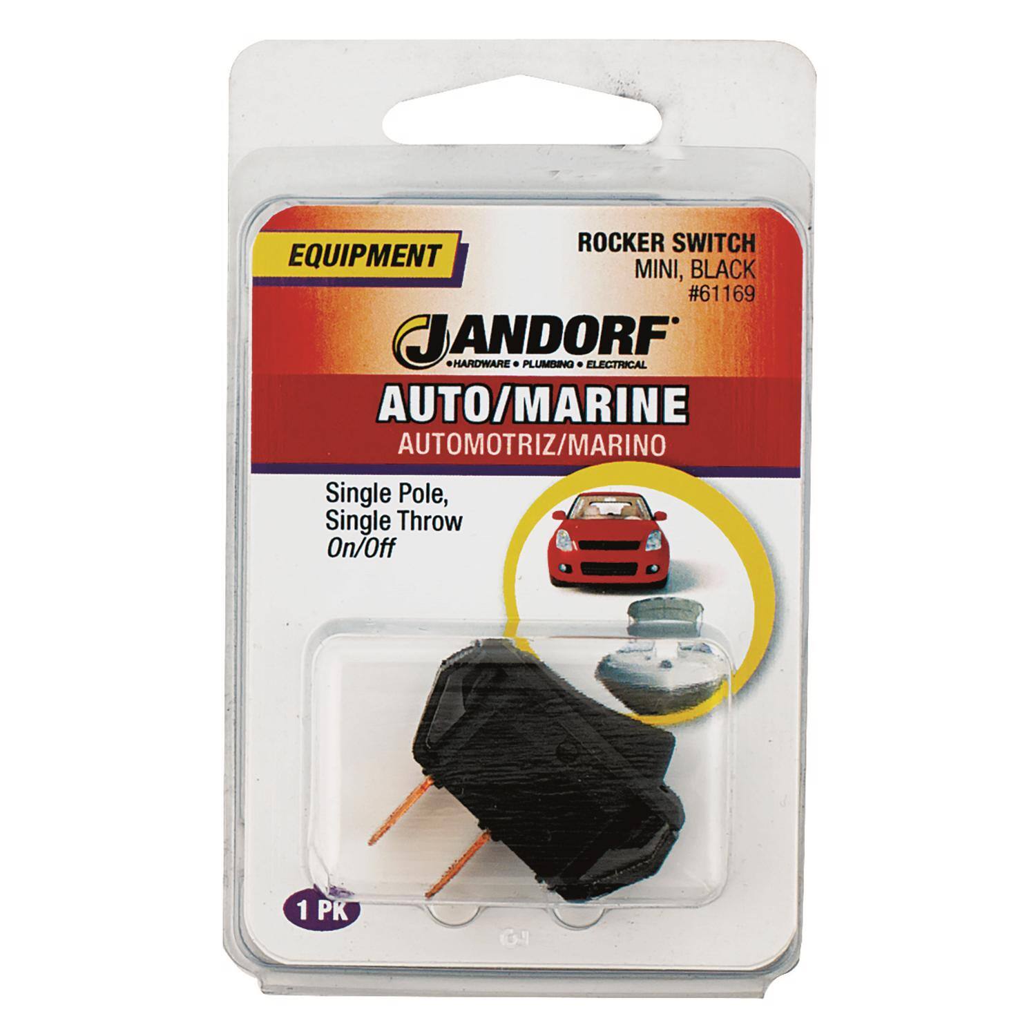 ROCKER SWITCH EQUIPMENT MINI, BLACK #61169  
CANDORF HARDWARE . PLUMBING . ELECTRICAL  
AUTO/MARINE AUTOMOTRIZ/MARINO  
Single Pole, Single Throw On/Off  
1 PK