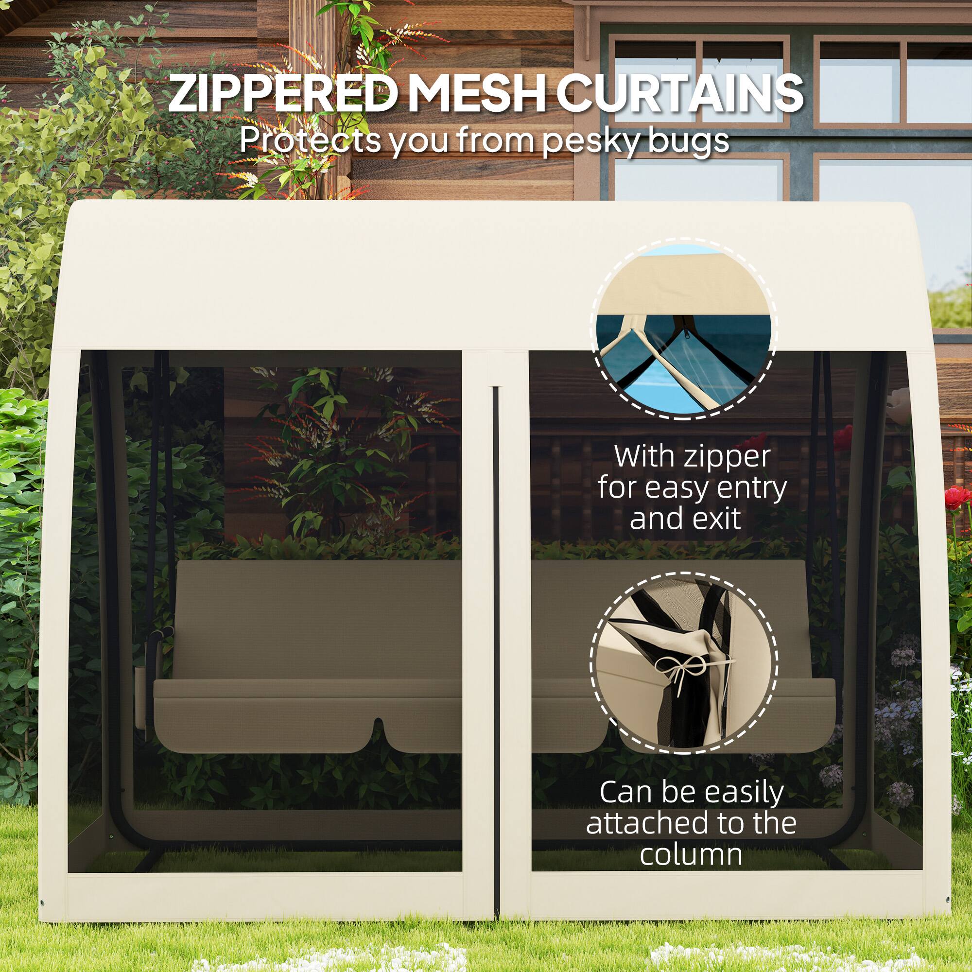 ZIPPERED MESH CURTAINS  
Protects you from pesky bugs  

With zipper for easy entry and exit  

Can be easily attached to the column