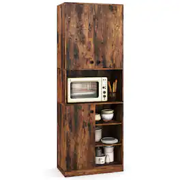 Costway - Kitchen Pantry Storage Cabinet 65.5" Tall Modern Hutch Cabinet with Microwave Stand - Brown