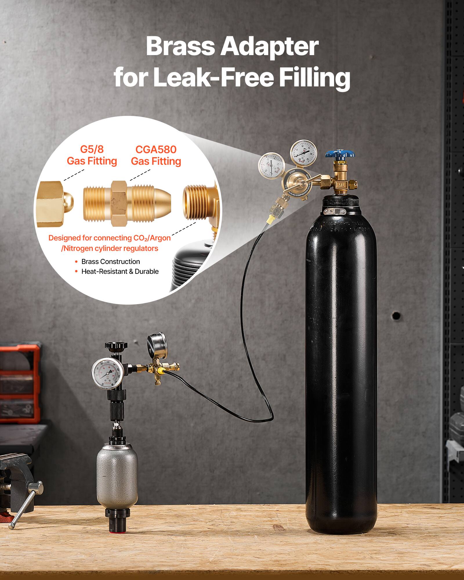 Brass Adapter for Leak-Free Filling

G5/8 Gas Fitting  
CGA580 Gas Fitting

Designed for connecting CO2/Argon/Nitrogen cylinder regulators

- Brass Construction
- Heat-Resistant & Durable