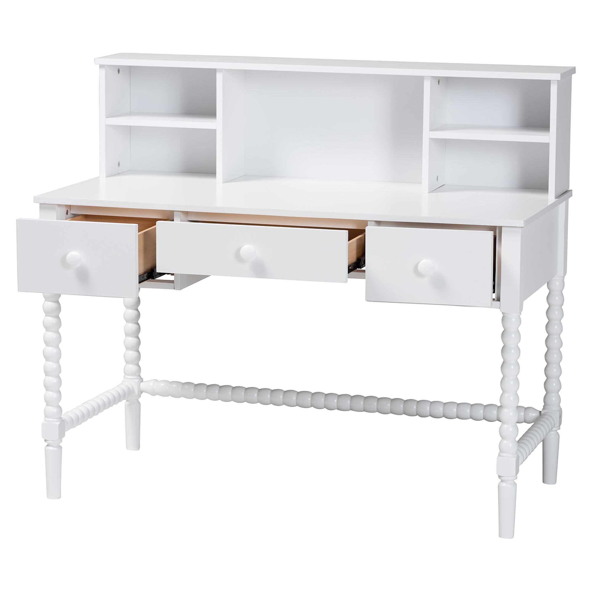 Angle. Baxton Studio - Baxton Studio Archwood Writing Desk with Hutch - 3-Drawer Wood Desk with Bobbin Design, White - White.