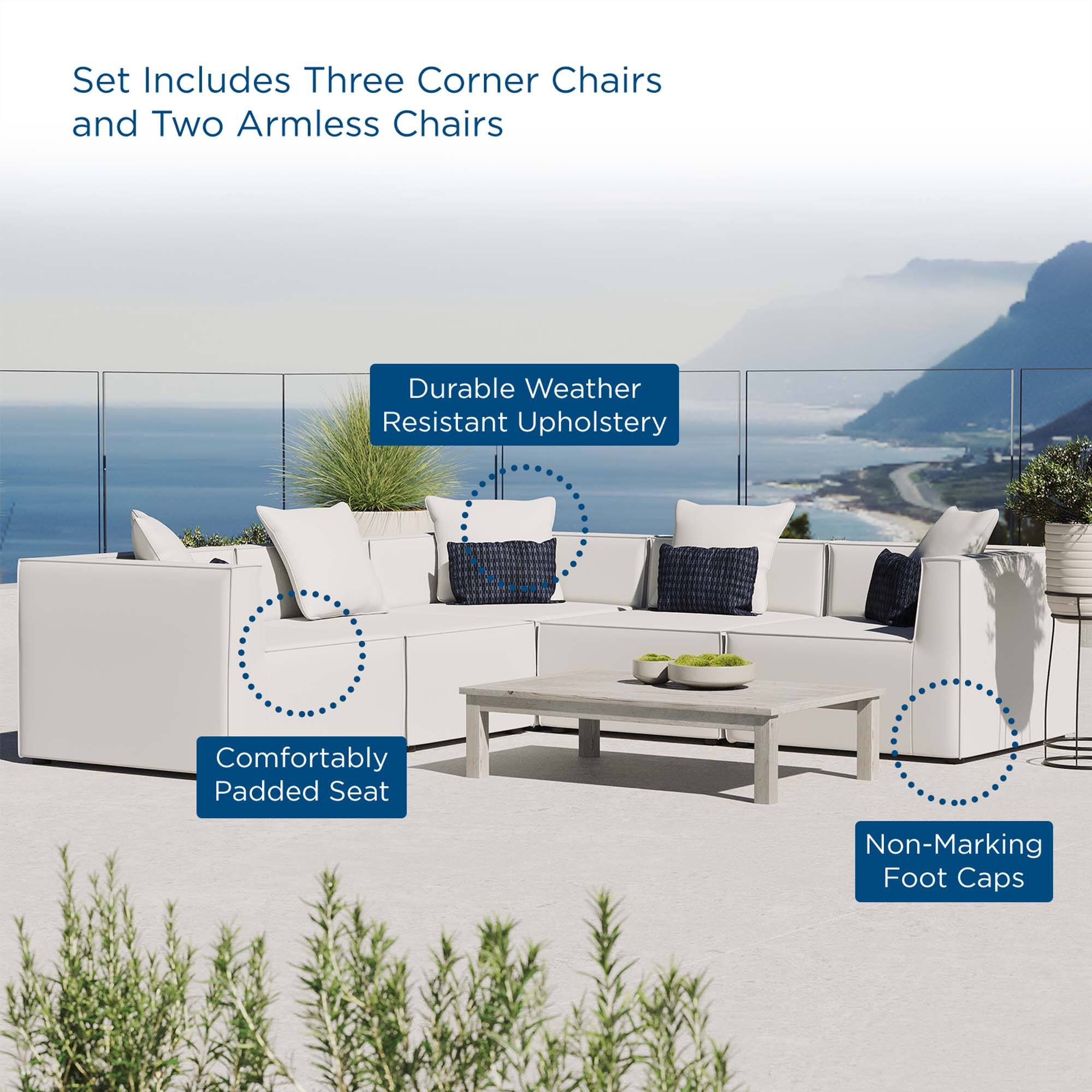 Set Includes Three Corner Chairs and Two Armless Chairs

- Durable Weather Resistant Upholstery
- Comfortably Padded Seat
- Non-Marking Foot Caps
