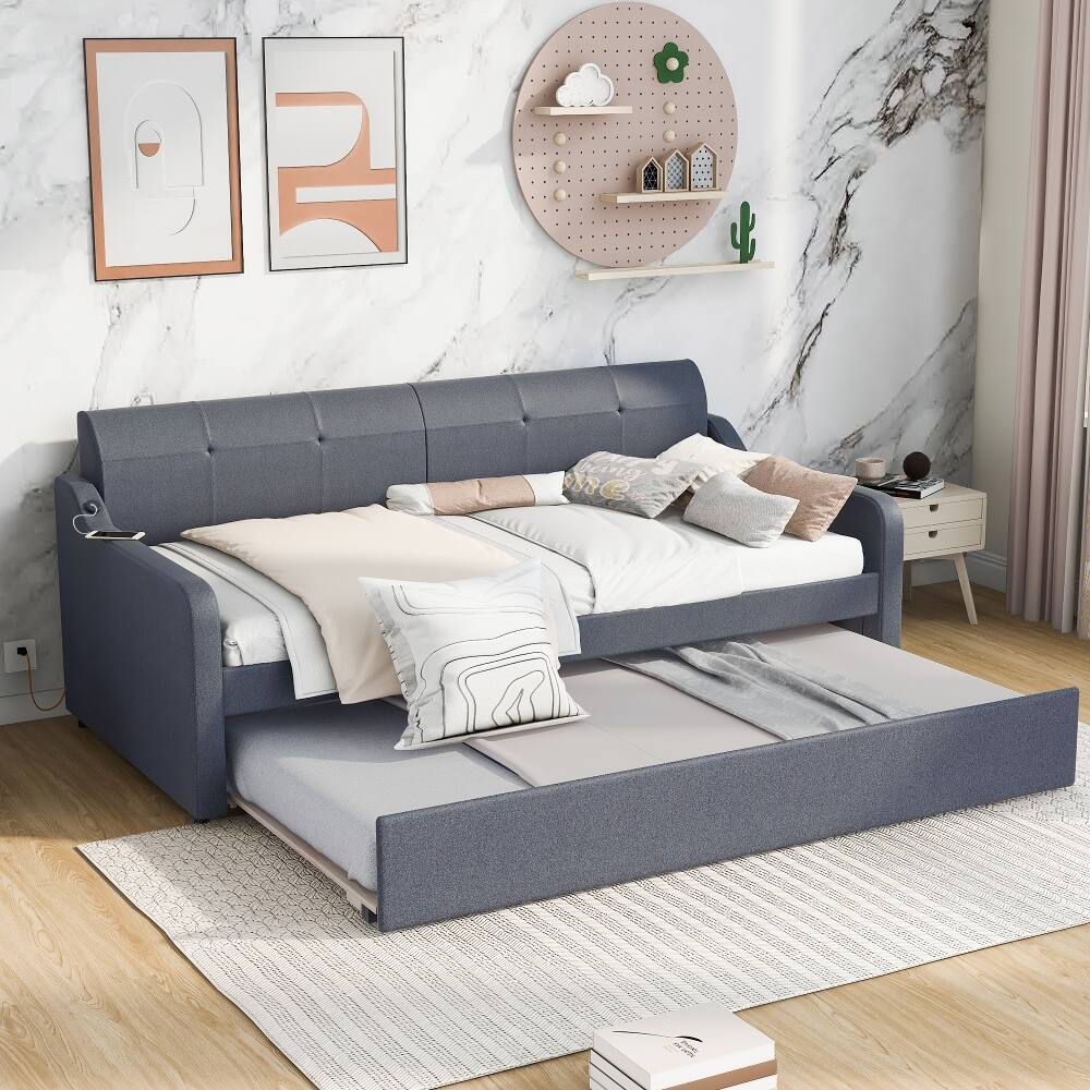 Left. Loheer - Loheer Twin Daybed with Pop-Up Trundle, Gray Upholstered Guest Bed with USB Port, Space-Saving Frame - Gray.