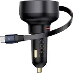 Baseus - Enjoyment Pro 60W USB-C Port Fast Car Charger 12-24V with retractable Type-C cable Black - Black - Front_Zoom