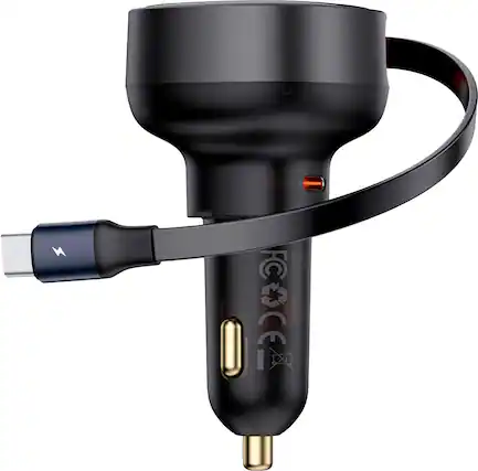 Front. Baseus - Enjoyment Pro 60W USB-C Port Fast Car Charger 12-24V with retractable Type-C cable Black - Black.