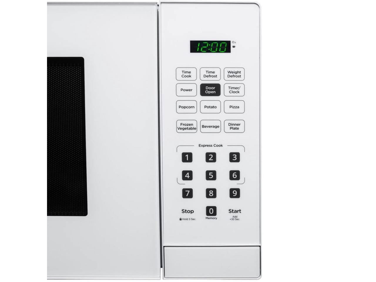 O2 12:00  
Time Cook  
Time Defrost  
Weight Defrost  
Power  
Door Open  
Timer/ Clock  
Popcorn  
Potato  
Pizza  
Frozen Vegetable  
Beverage  
Dinner Plate  
Express Cook  
1  
2  
3  
4  
5  
6  
7  
8  
9  
Stop  
Hold 3 Sec  
Memory  
Start  
+30 Sec