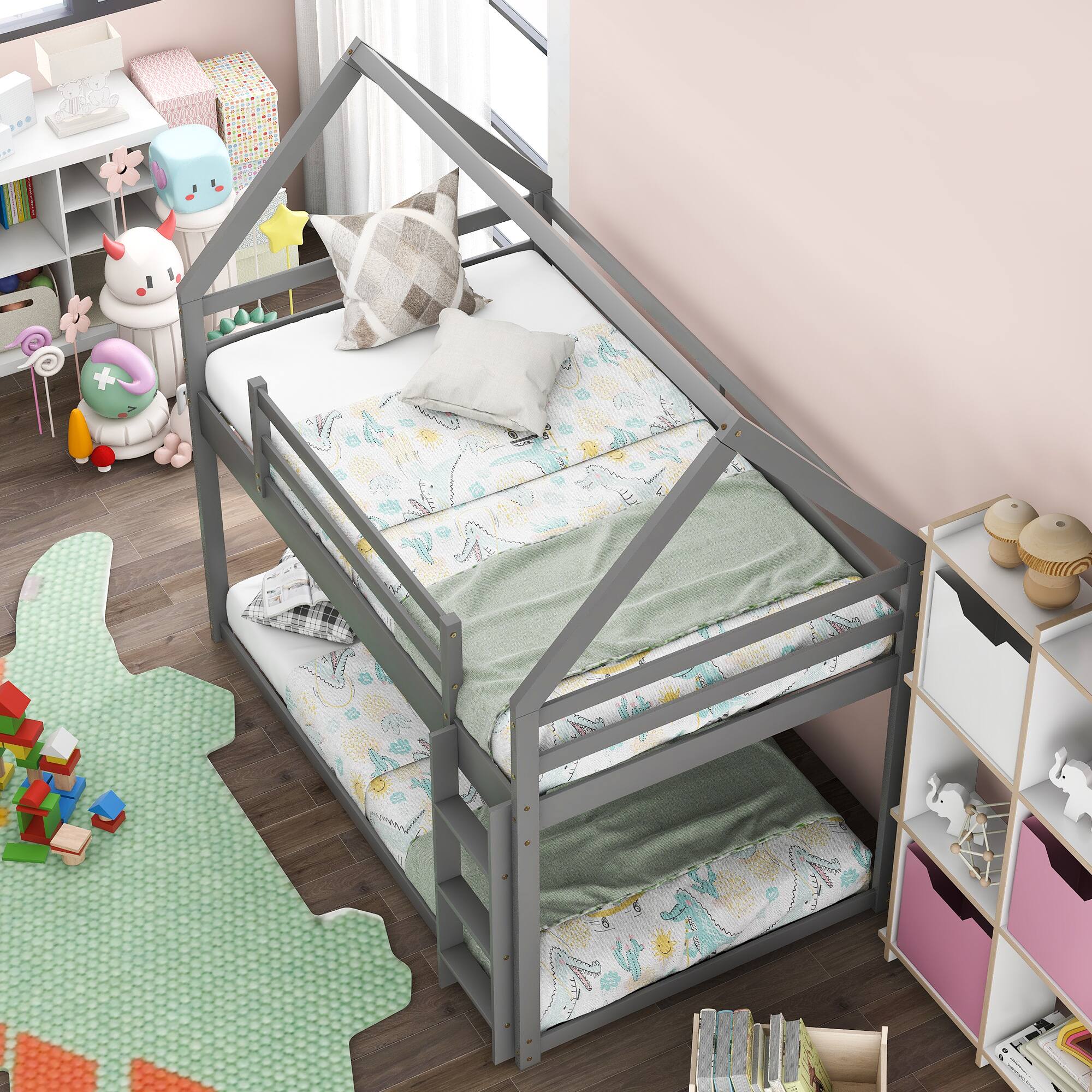 Angle. Aukfa - Twin over Twin Low Bunk Bed, House Bed with Ladder - Gray.