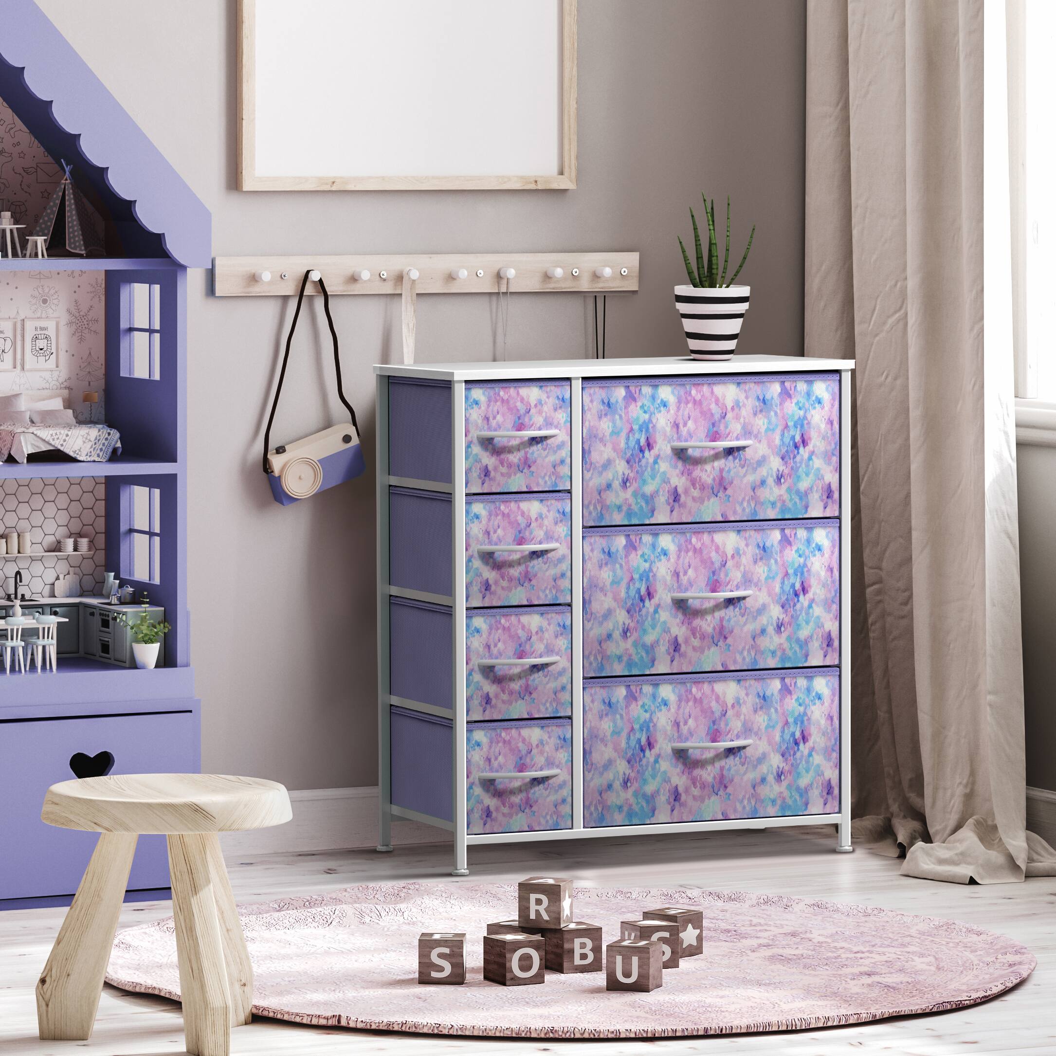 Angle. Sorbus - Sorbus Dresser with 7 Drawers - Storage Chest Organizer with Steel Frame, Wood Top, Handles, Fabric Bins - Tie dye purple.