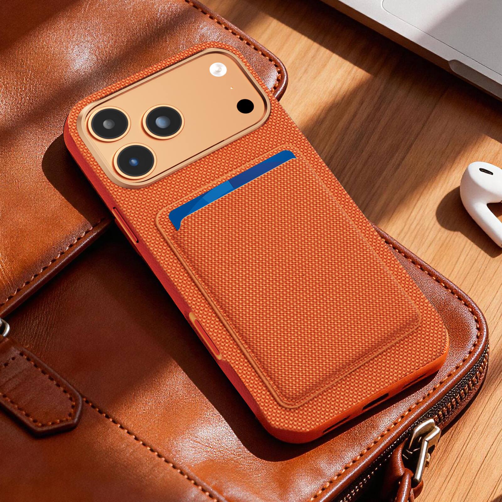 Alt View 6. Dteck - 2-in-1 Wallet Case for Apple iPhone 17 Pro Max, Slim Shockproof Fabric Hybrid Cover with Magnetic Card Holder - Orange.