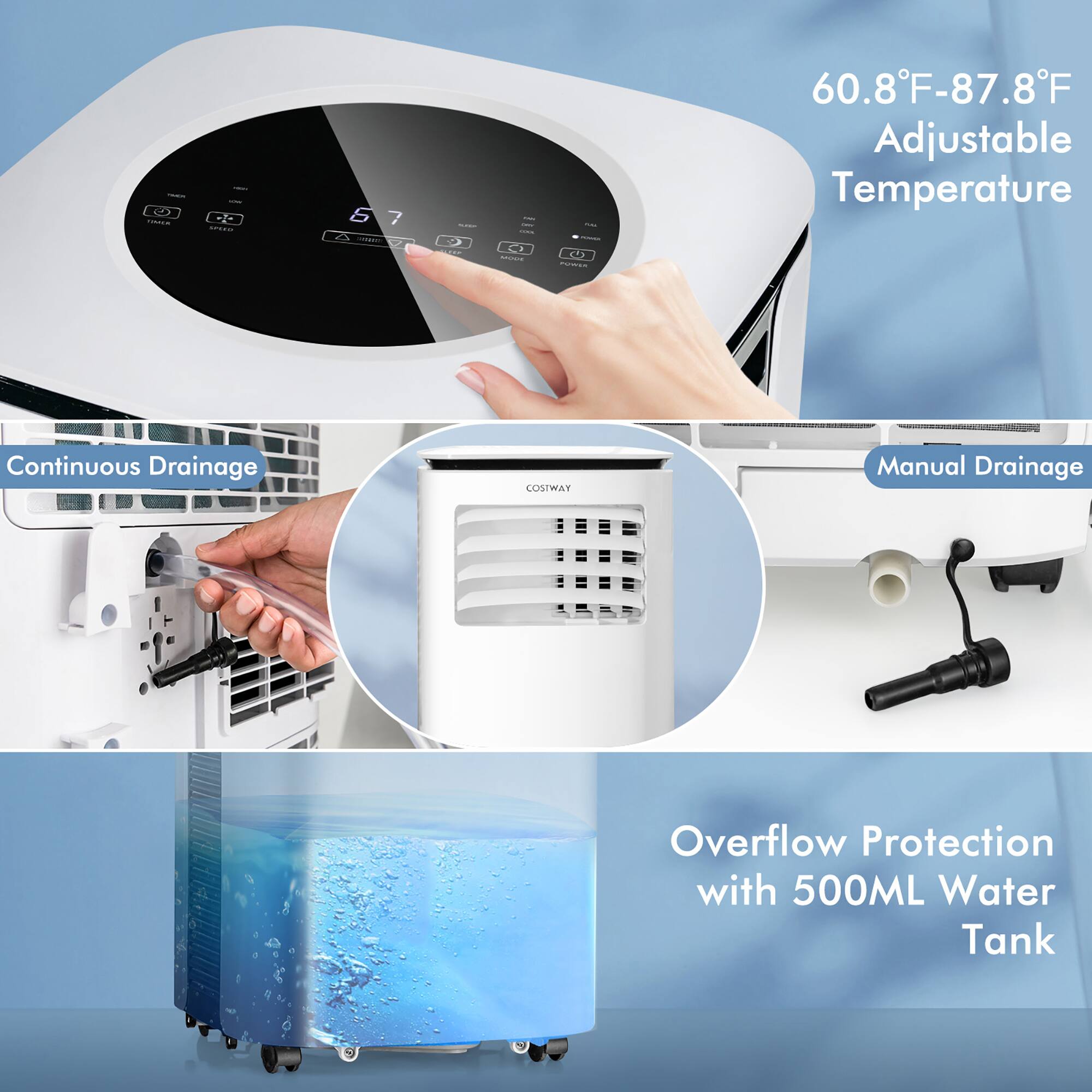 * 60.8F-87.8F Adjustable Temperature
* Continuous Drainage
* Manual Drainage
* Overflow Protection with 500ML Water Tank