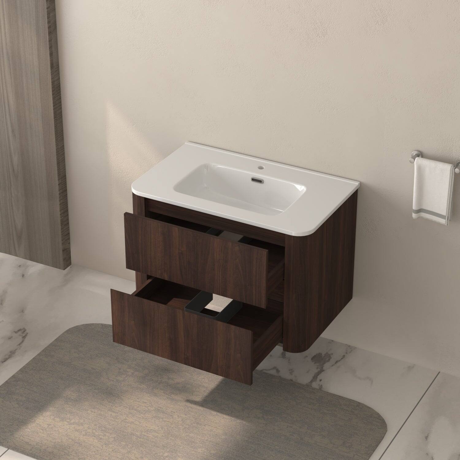 Alt View 10. Boyel Living - 30 in Wall-Mounted Bathroom Vanity with Sink Dark Walnut Cabinet 2 Soft-Close Drawers Ceramic Integrated Basin - Dark Walnut.
