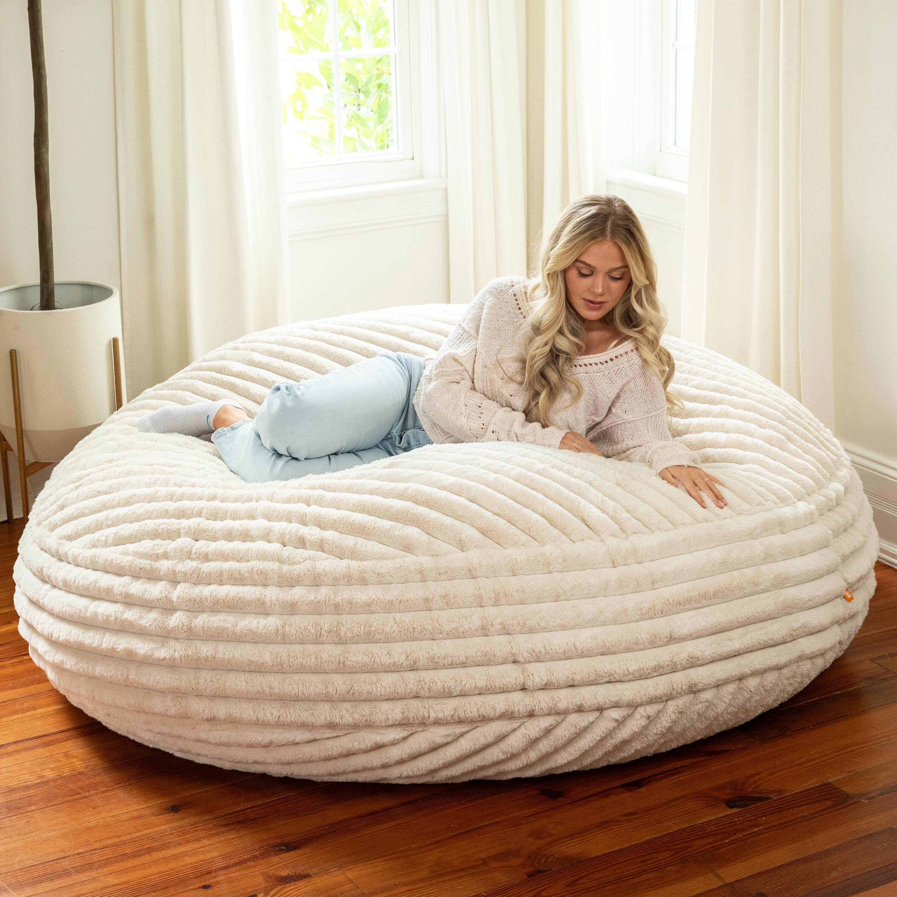 Angle. Jaxx - Jaxx 6 Foot Cocoon 2-in-1 Large Bean Bag Chair for Adults,Mondo Ivory - Mondo Ivory Faux Fur.