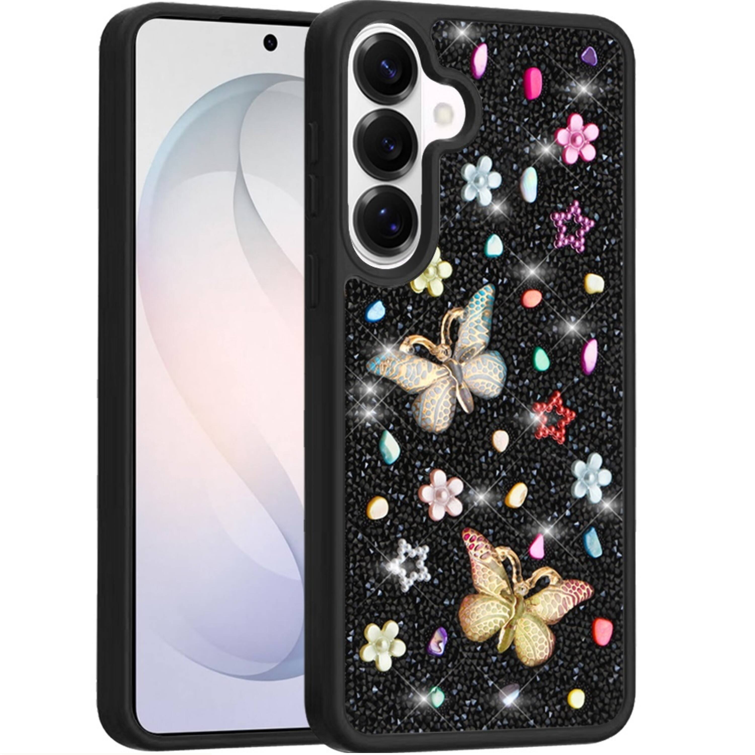 Left. Kitcheniva - Butterfly 3D Jewel Glitter Phone Case With Tempered Glass For Samsung Galaxy S26 Plus Black - Black.