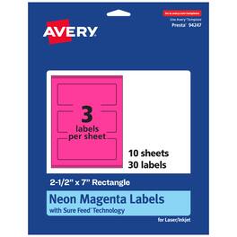 Avery - Printable Rectangle Labels, Neon Magenta, 2.5" x 7", 30ct - Pink