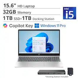 HP - 15.6" HD Laptop,Intel Core i5-1334U,32GB DDR4,1TB SSD+1TB Dock Set,Iris Xe Graphics,HD Camera,Win 11 Pro - Silver