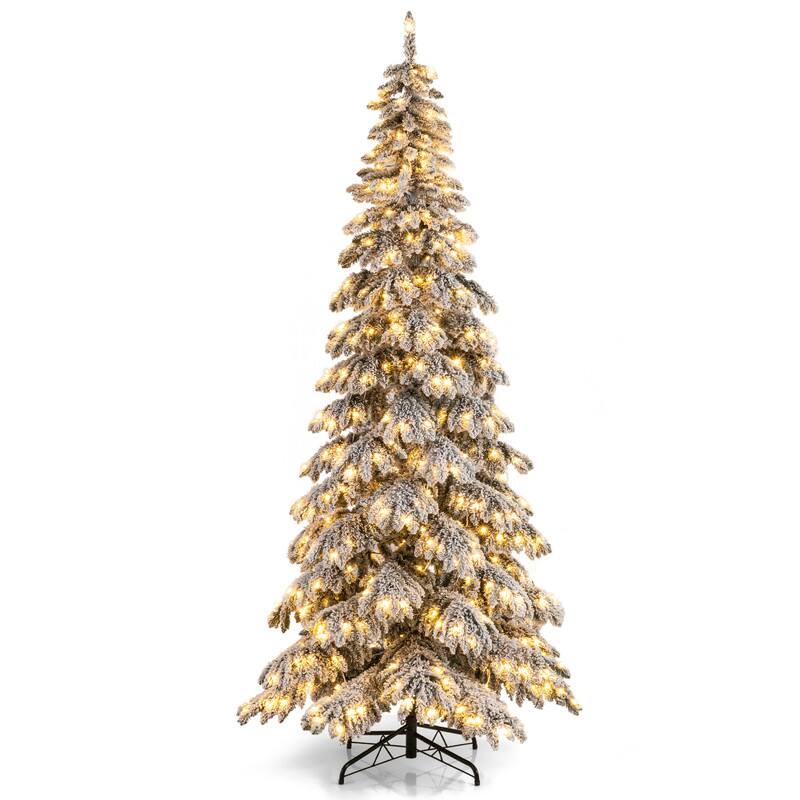 Front. WELLFOR - 9ft Pre‑lit Snow‑Flocked Artificial Christmas Tree with 1223 Branch Tips &500 LED Lights, Hinged Xams Tree - Green & White.