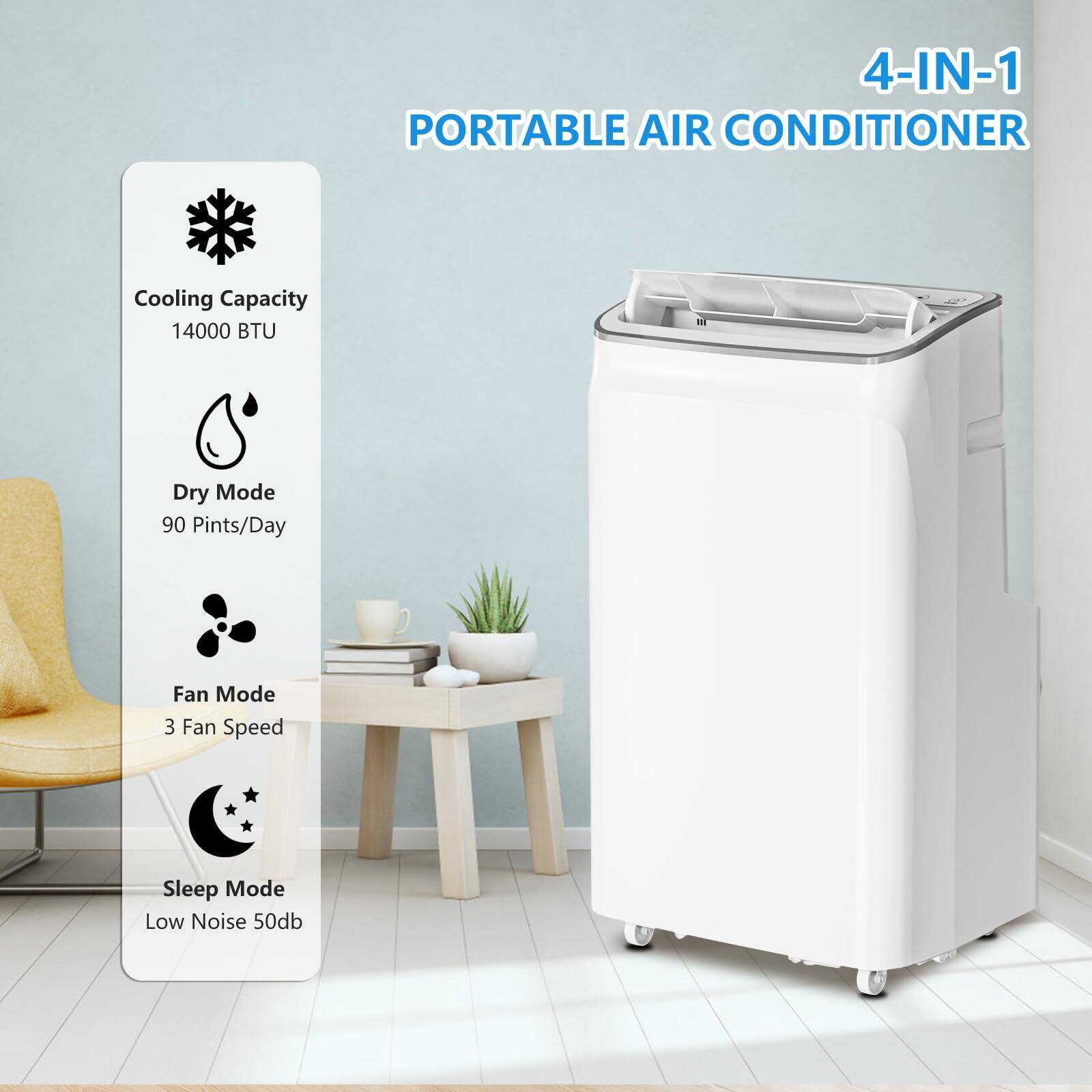 4-IN-1 PORTABLE AIR CONDITIONER

- Cooling Capacity: 14000 BTU
- Dry Mode: 90 Pints/Day
- Fan Mode: 3 Fan Speed
- Sleep Mode: Low Noise 50db