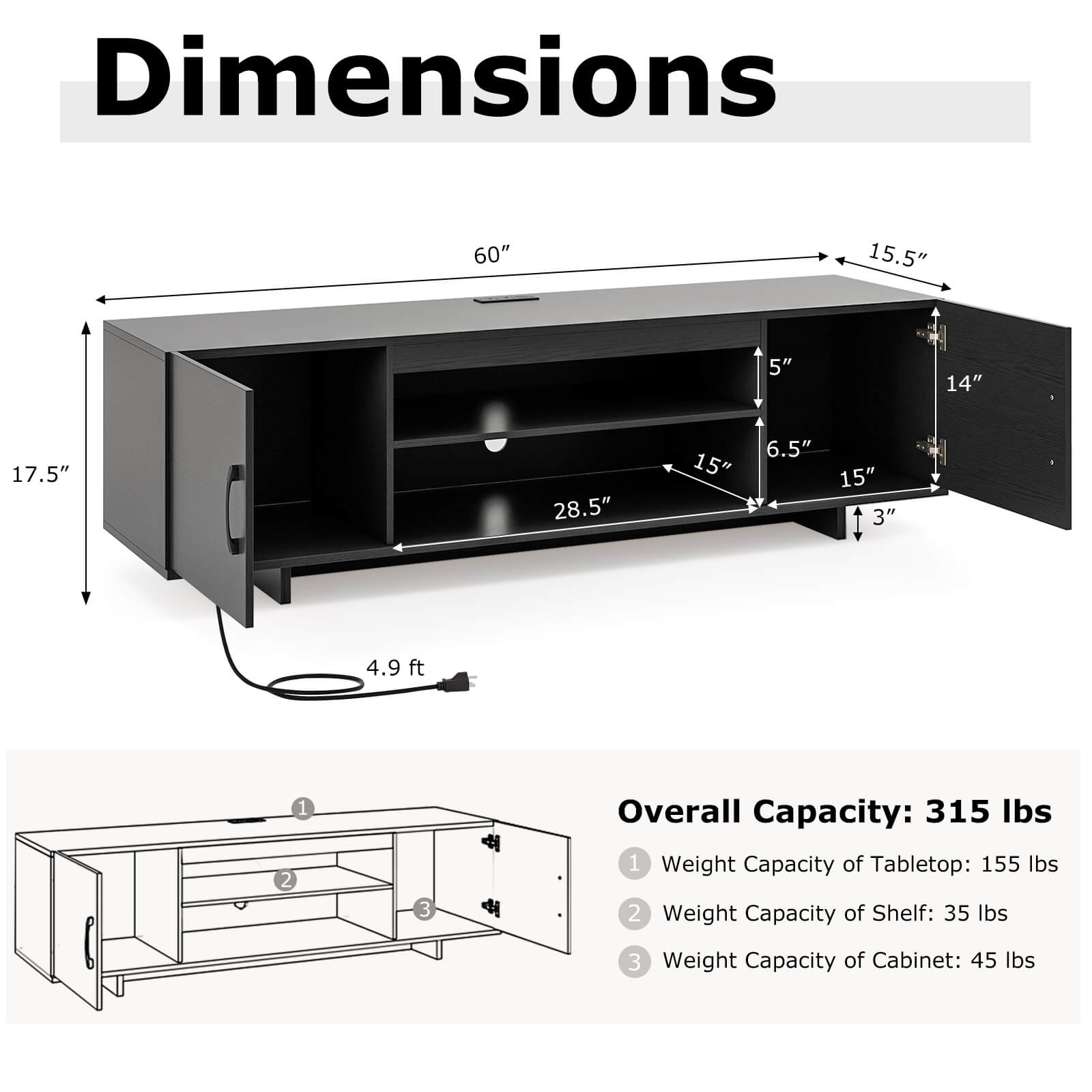 Dimensions:  
- 60"  
- 15.5"  
- 5"  
- 14"  
- 17.5"  
- 28.5"  
- 15"  
- 6.5"  
- 15"  
- 3"  
- 4.9 ft  

Overall Capacity: 315 lbs  
1. Weight Capacity of Tabletop: 155 lbs  
2. Weight Capacity of Shelf: 35 lbs  
3. Weight Capacity of Cabinet: 45 lbs