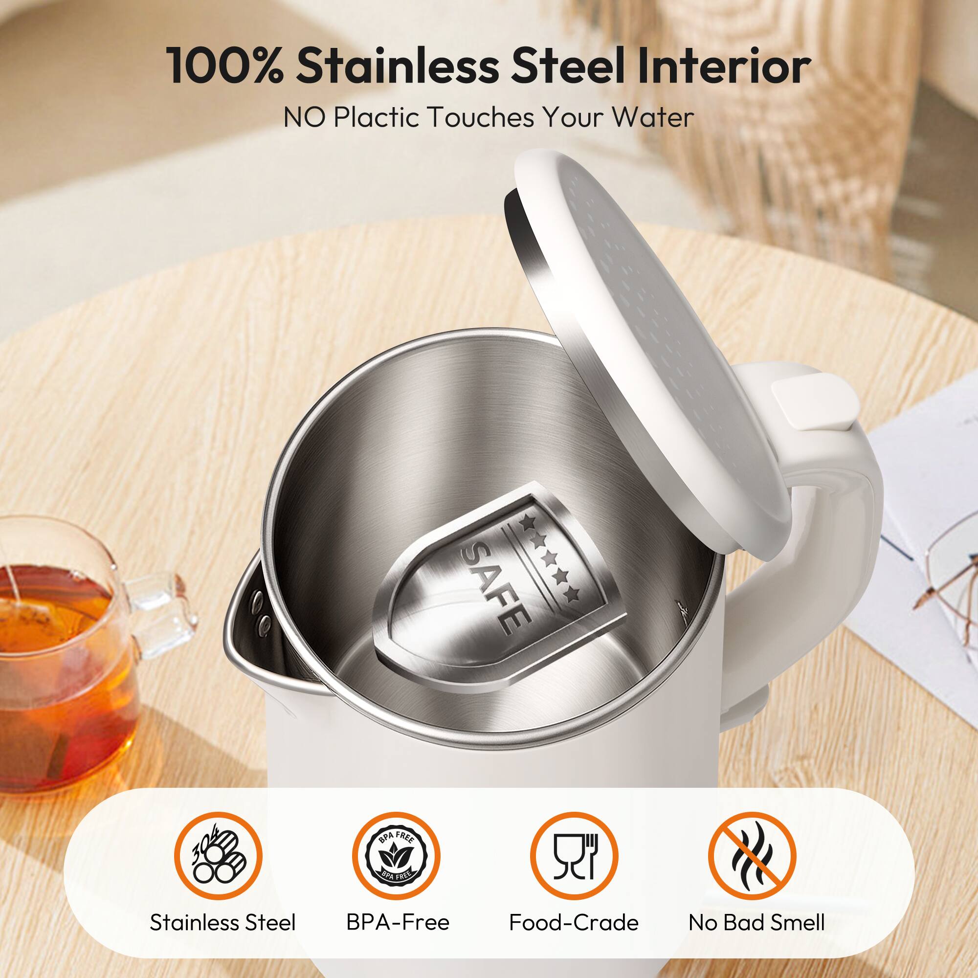 100% Stainless Steel Interior  
NO Plastic Touches Your Water  

Stainless Steel  
BPA-Free  
Food-Grade  
No Bad Smell