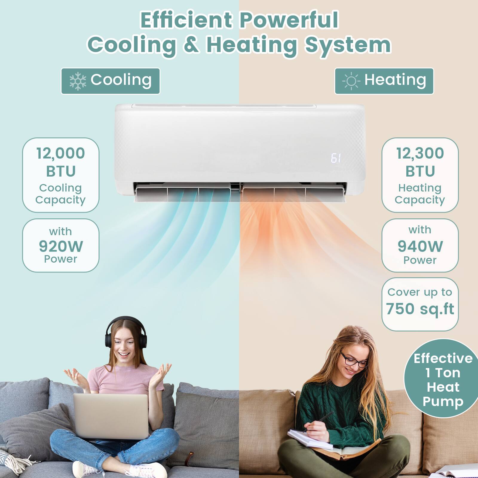 Efficient Powerful Cooling & Heating System
Cooling
12,000 BTU Cooling Capacity
with 920W Power
Heating
12,300 BTU Heating Capacity
with 940W Power
Cover up to 750 sq.ft
Effective 1 Ton Heat Pump