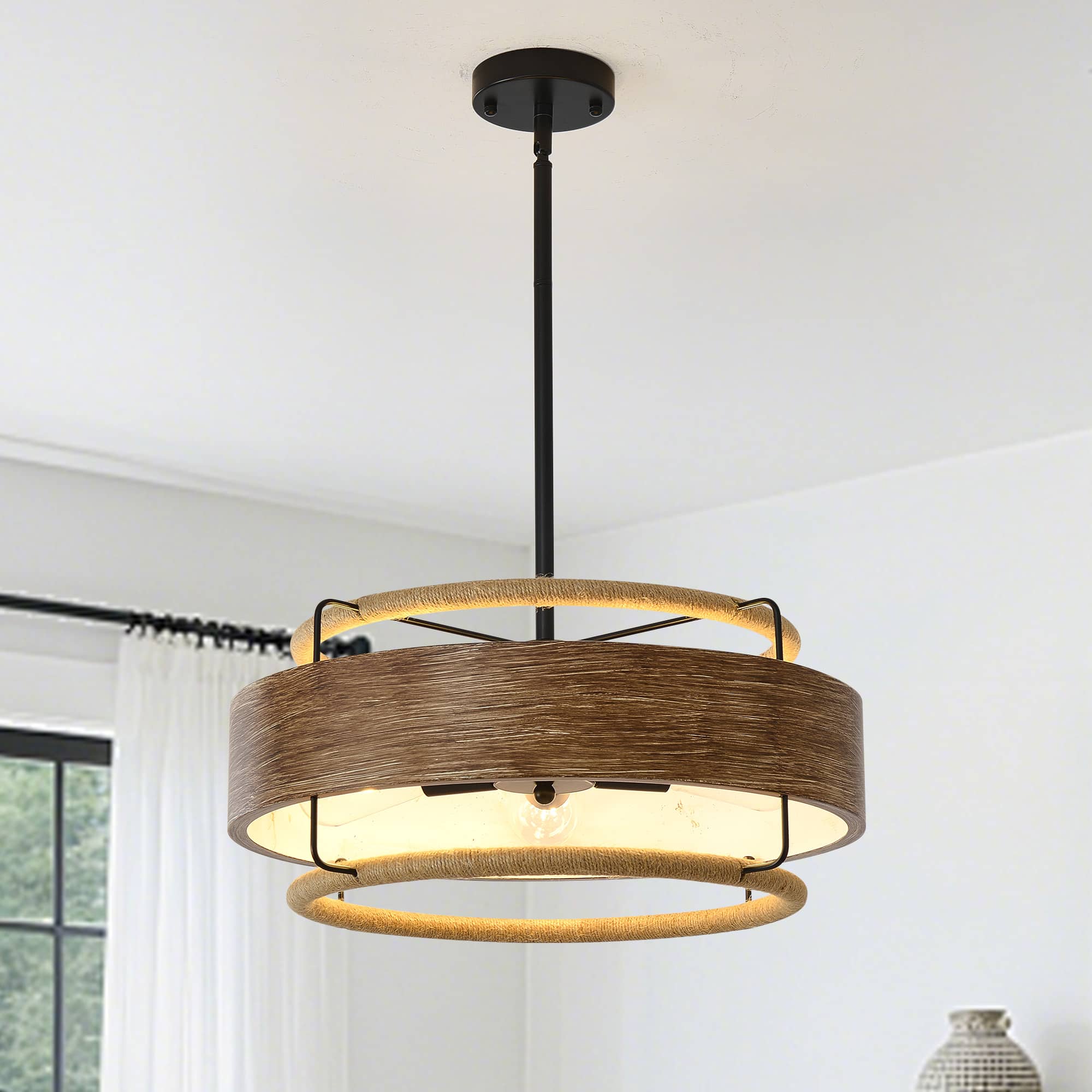 RYHNUYNE - 5 Light Modern Industrial Chandelier, 19.68" Wood-Coloured Metal Pendant Light, Adjustable Height Ceiling Light