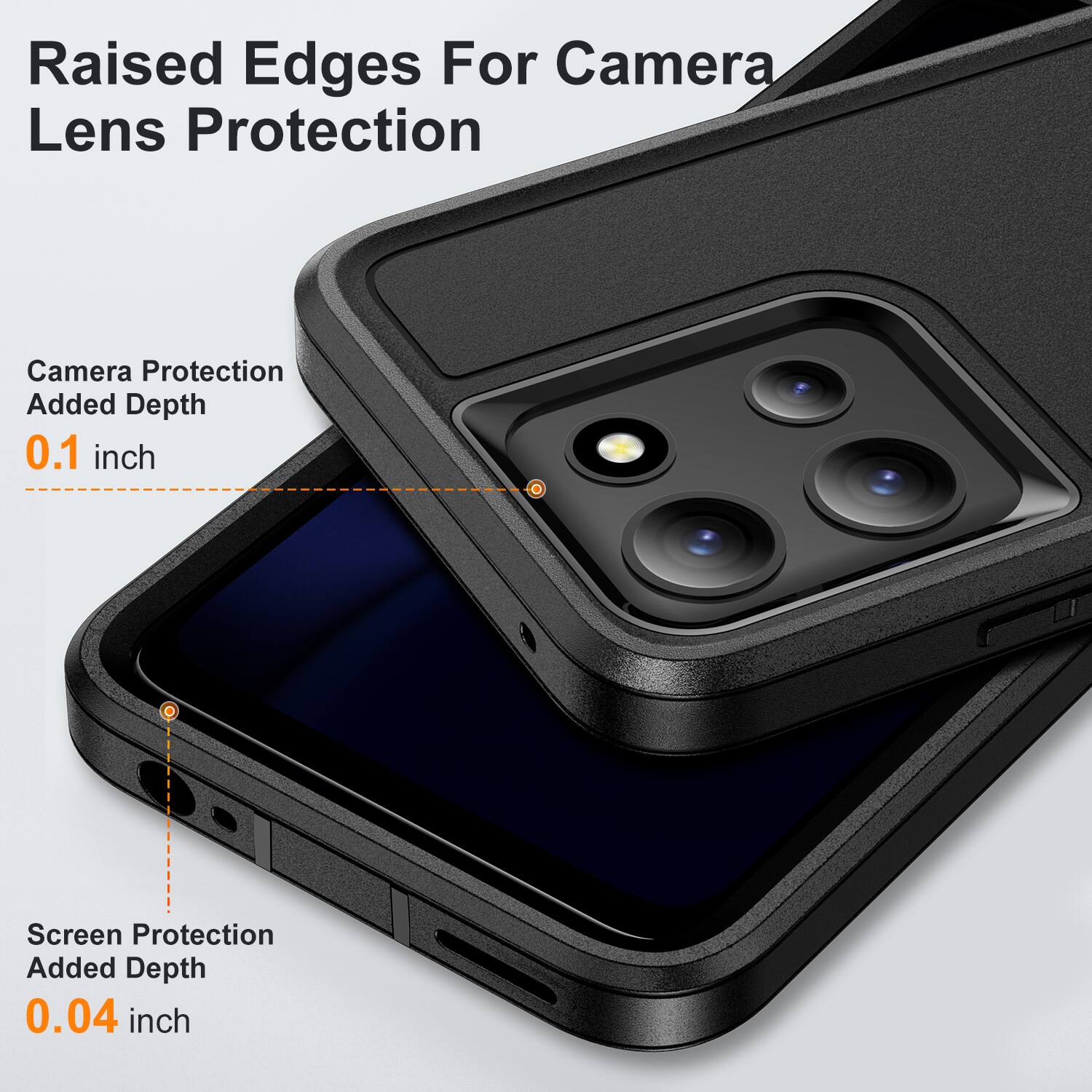 Raised Edges For Camera Lens Protection

Camera Protection Added Depth 0.1 inch

Screen Protection Added Depth 0.04 inch