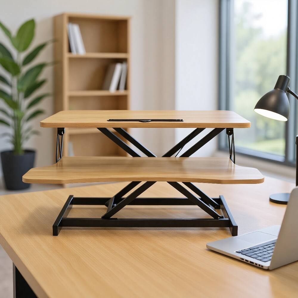 Alt View 4. Loheer - 32 Inch Desk Converter Height Adjustable Sit to Stand Riser Dual Monitor Workstation Wide Keyboard Tray Natural Color - Natural.