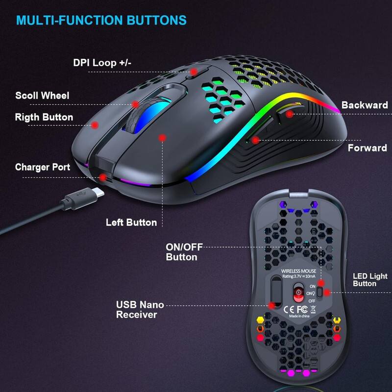MULTI-FUNCTION BUTTONS

- DPI Loop +/- 
- Scroll Wheel
- Right Button
- Backward
- Forward
- Charger Port
- Left Button
- ON/OFF Button
- USB Nano Receiver

WIRELESS MOUSE
Rating: 3.7V - 10mA
ON/OFF
CE FC
Made in China
LED Light Button