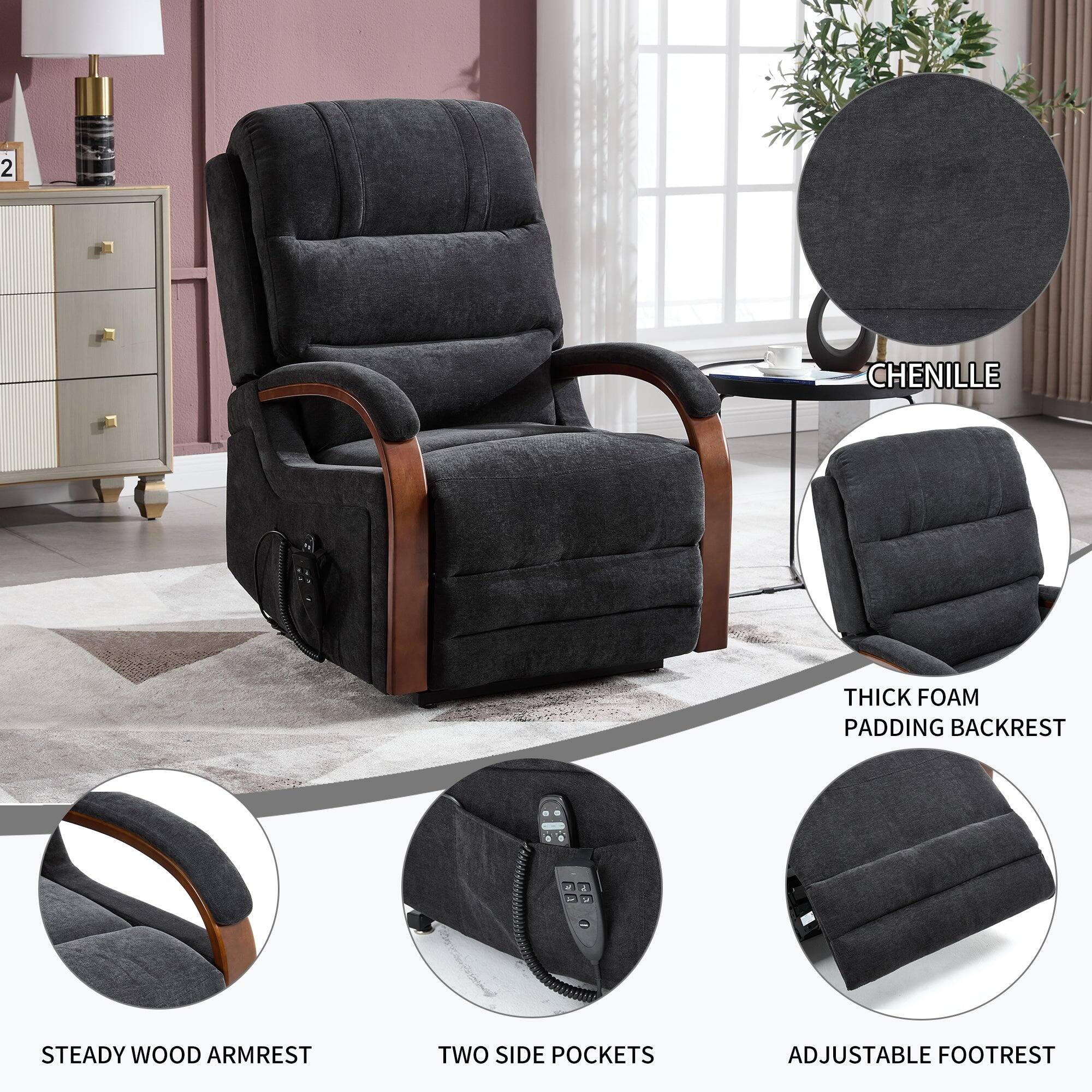 - Chenille
- Thick Foam Padding Backrest
- Steady Wood Armrest
- Two Side Pockets
- Adjustable Footrest