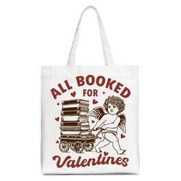 OrnamentallyYou - All Booked For Valentines Cupid Canvas Tote Bag, Vintage Funny Bookworm Gift - White