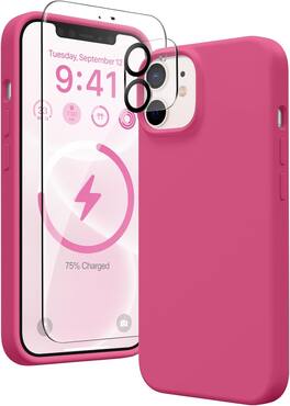 Entronix - iPhone 12 Mini Bundle - Liquid Silicone Case with Screen & Camera Lens Protectors - Hot Pink