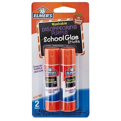 ELMER'S  
Washable  
Teacher Brand  
Disappearing  
PURPLE  
School Glue Sticks  

Goes on PURPLE  
Dries CLEAR  
ACID FREE  

2 Sticks  
2-6 g (0.42 oz) each  
Total 12 g (0.42 oz)  

ELMER'S  
School Glue  
Disappearing  
PURPLE  

ELMER'S  
School Glue  
Disappearing  
PURPLE  

Good on PURPLE  
Dries CLEAR