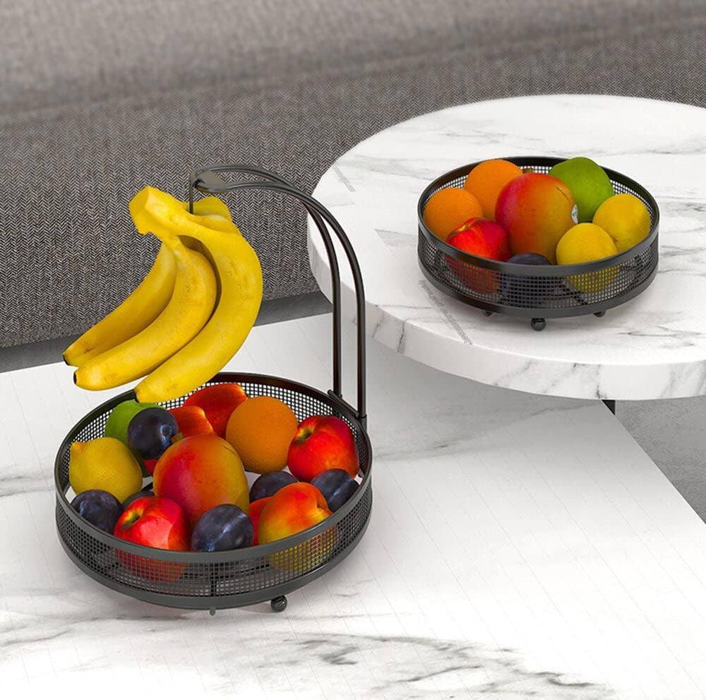 Left. Adivo - 2-Tier Fruit Basket with Hanging Hooks, Heavy-Duty Metal Countertop Produce Organizer - Black.