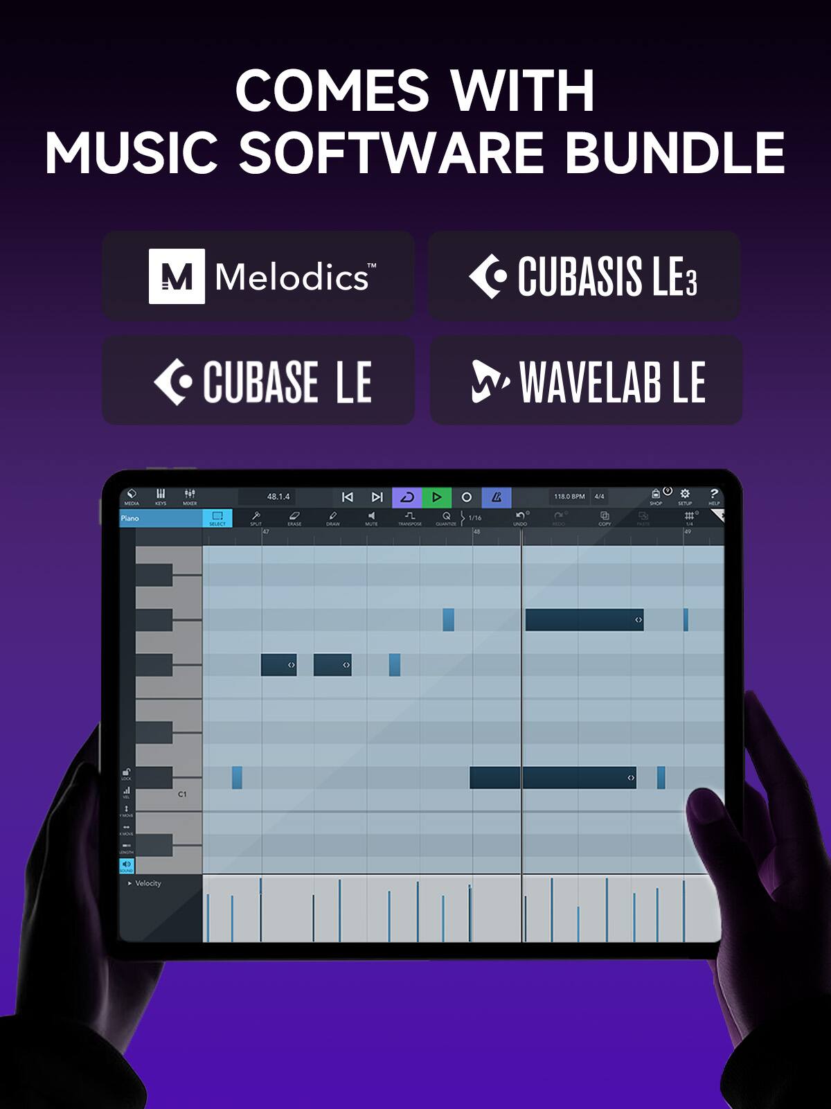COMES WITH MUSIC SOFTWARE BUNDLE

- Melodics™
- CUBASIS LE3
- CUBASE LE
- WAVELAB LE