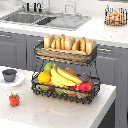 Front. Adivo - 2-Tier Fruit Basket with Hanging Hooks, Heavy-Duty Metal Countertop Produce Organizer - Black.