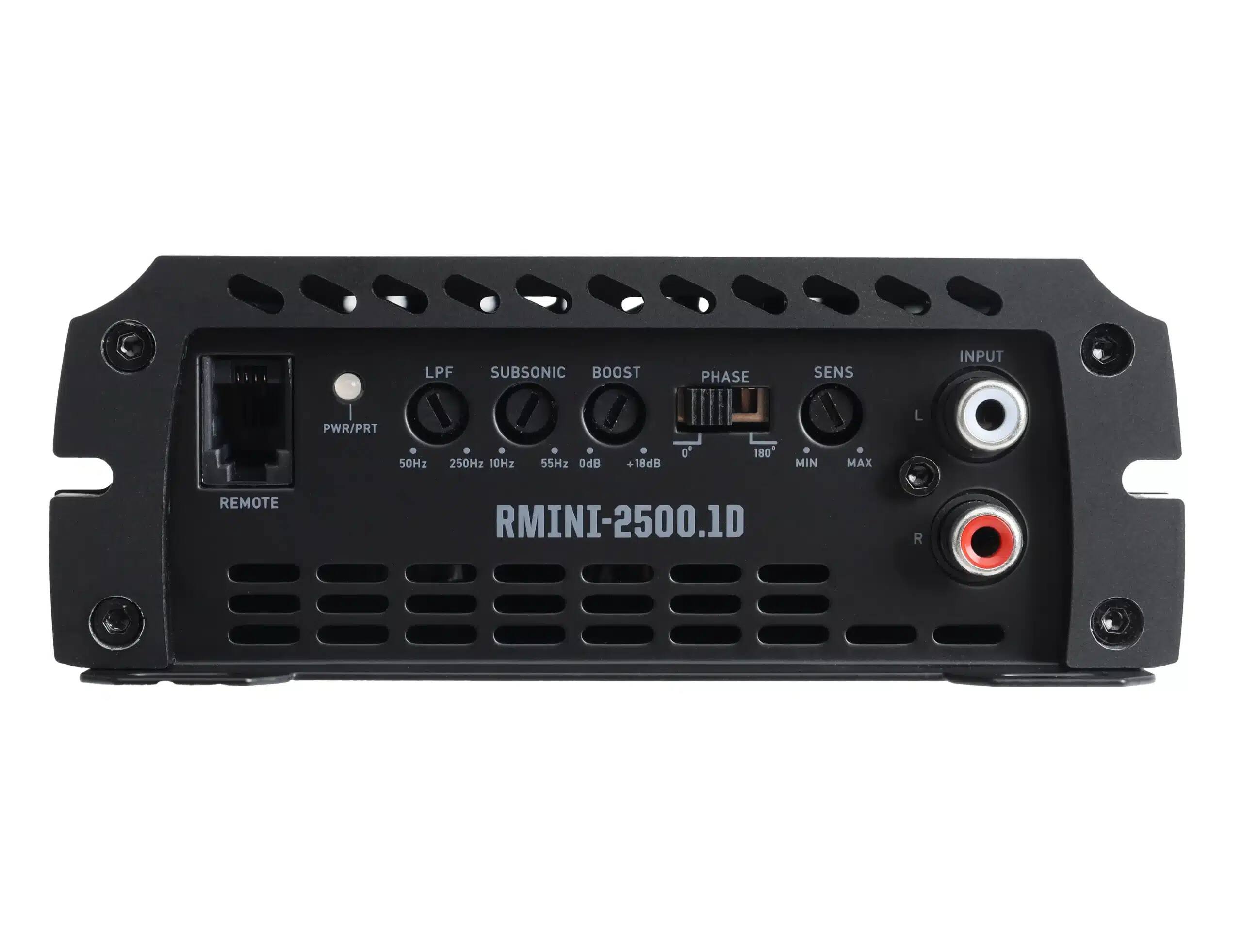LPF SUBSONIC BOOST PHASE SENS INPUT PWR/PRT L 50Hz 250Hz 10Hz 55Hz 0dB 18dB o' 180 MIN MAX REMOTE RMINI-2500.1D R