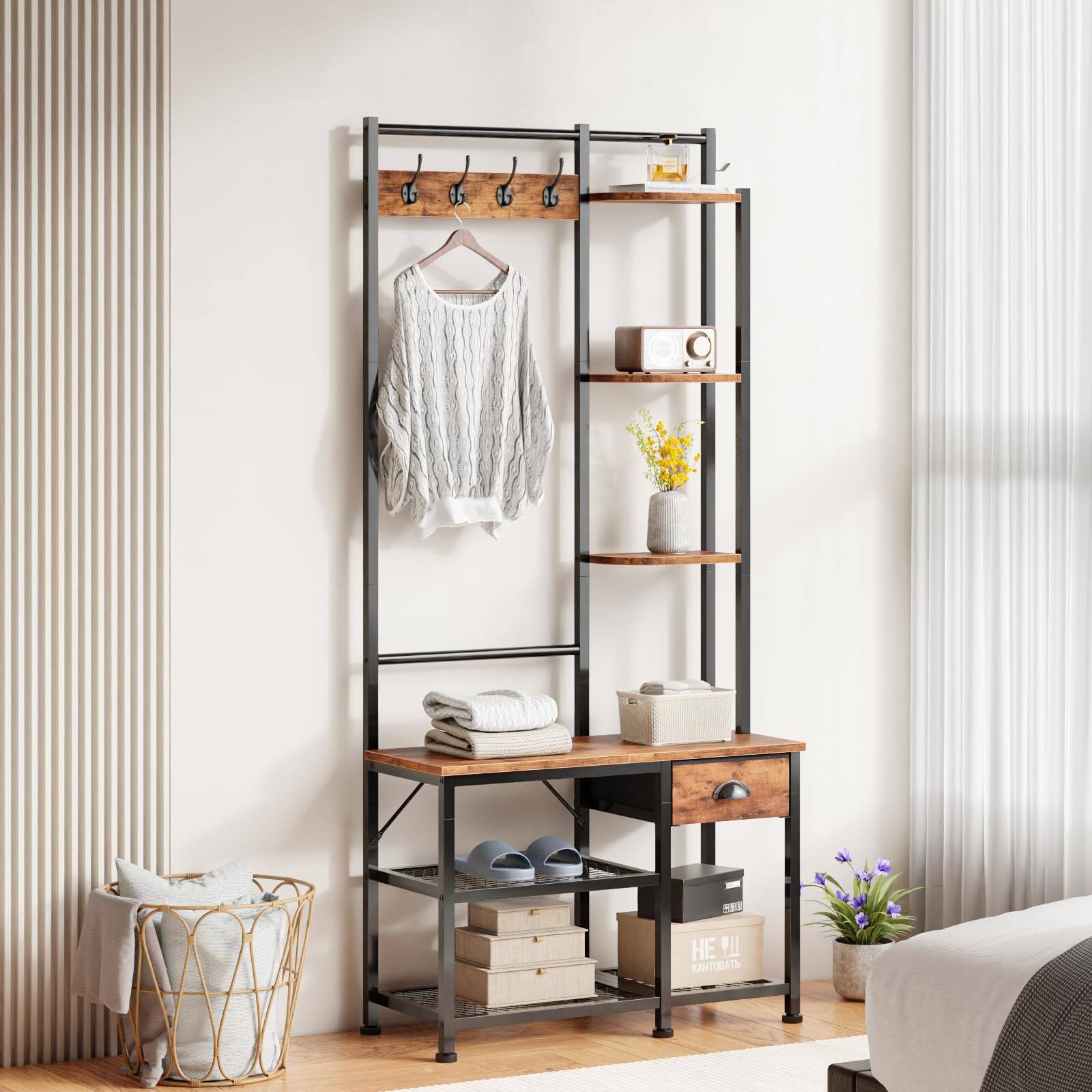 Alt View 5. Hirose Alice - Furologee Coat Rack Hall Tree with Bench and - Rustic Brown 7-Tier.