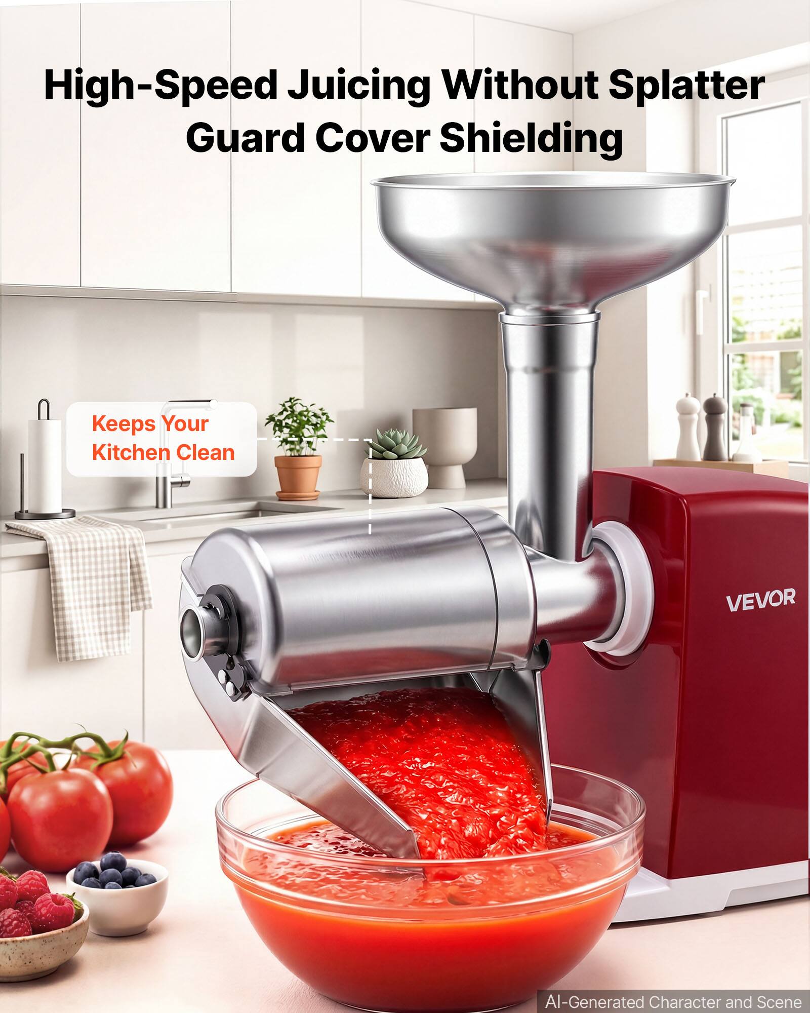 High-Speed Juicing Without Splatter Guard Cover Shielding  
Keeps Your Kitchen Clean  
VEVOR  
AI-Generated Character and Scene