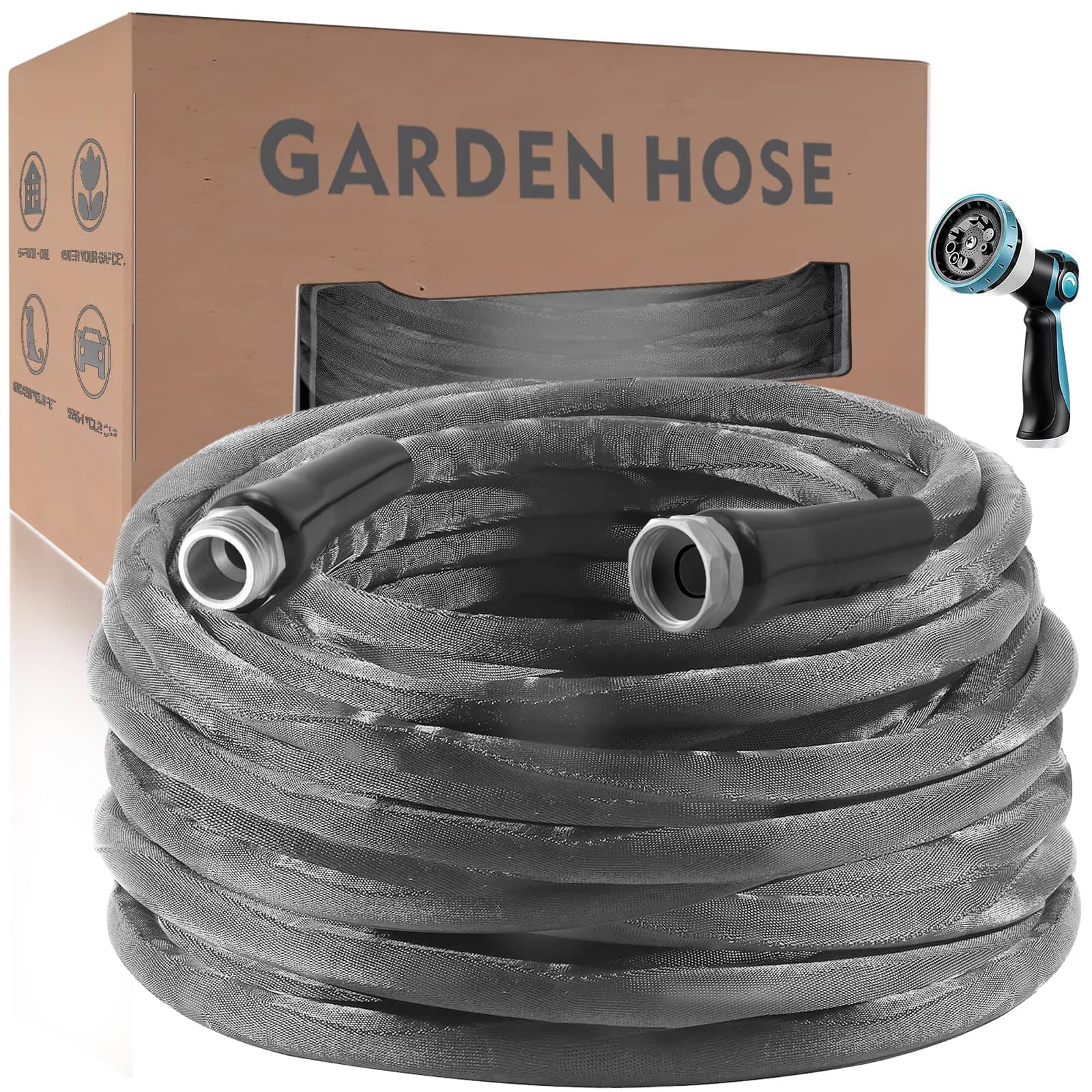 JETRANSPORT - Non-expandable Garden Hose 100feet Flexible Water With 10 Function Nozzle Lightweight Tangle Free Rust Proof - Gray 75FT