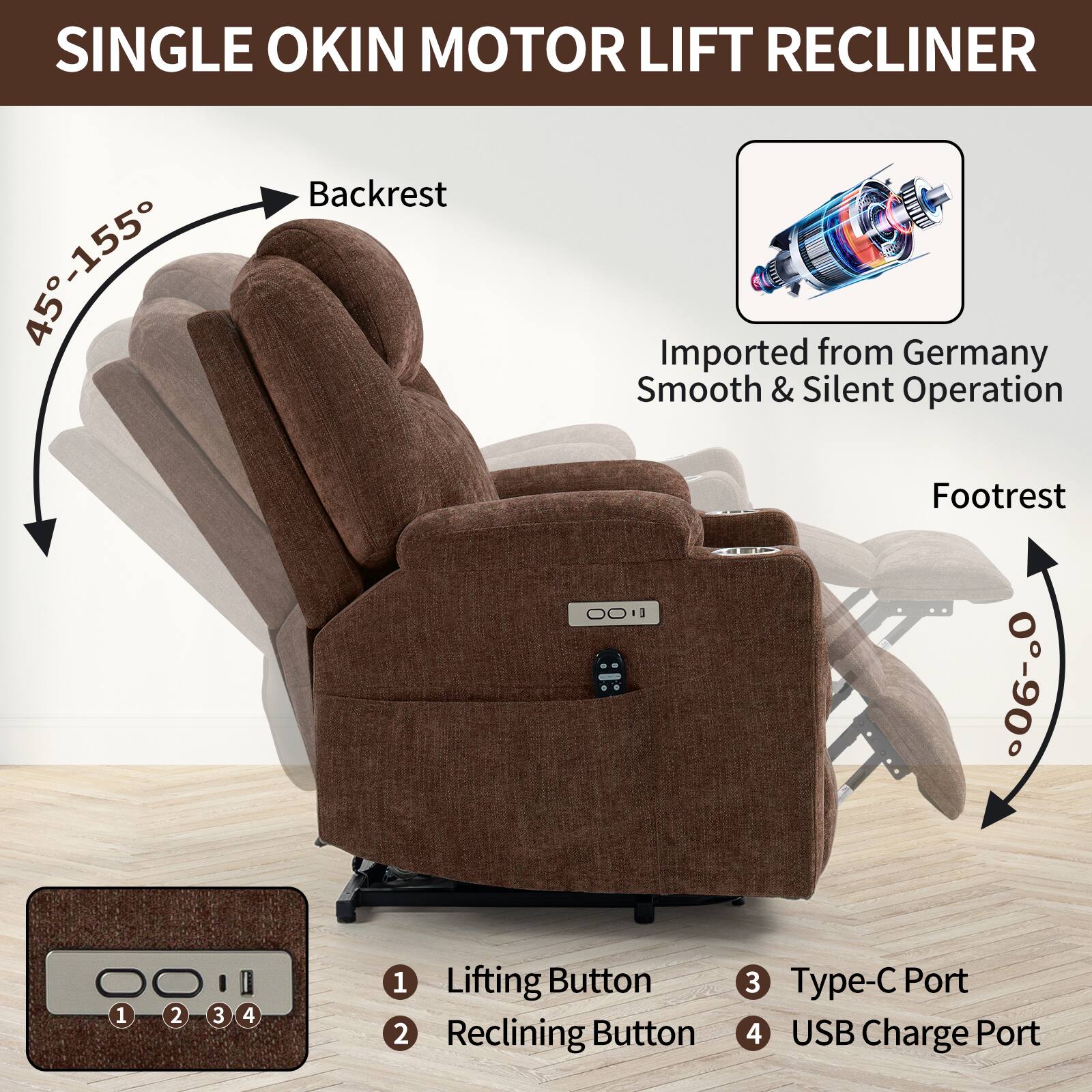 SINGLE OKIN MOTOR LIFT RECLINER

- Backrest: 45°-155°
- Footrest: 0°-90°
- Imported from Germany
- Smooth & Silent Operation

Buttons:
1. Lifting Button
2. Reclining Button
3. Type-C Port
4. USB Charge Port