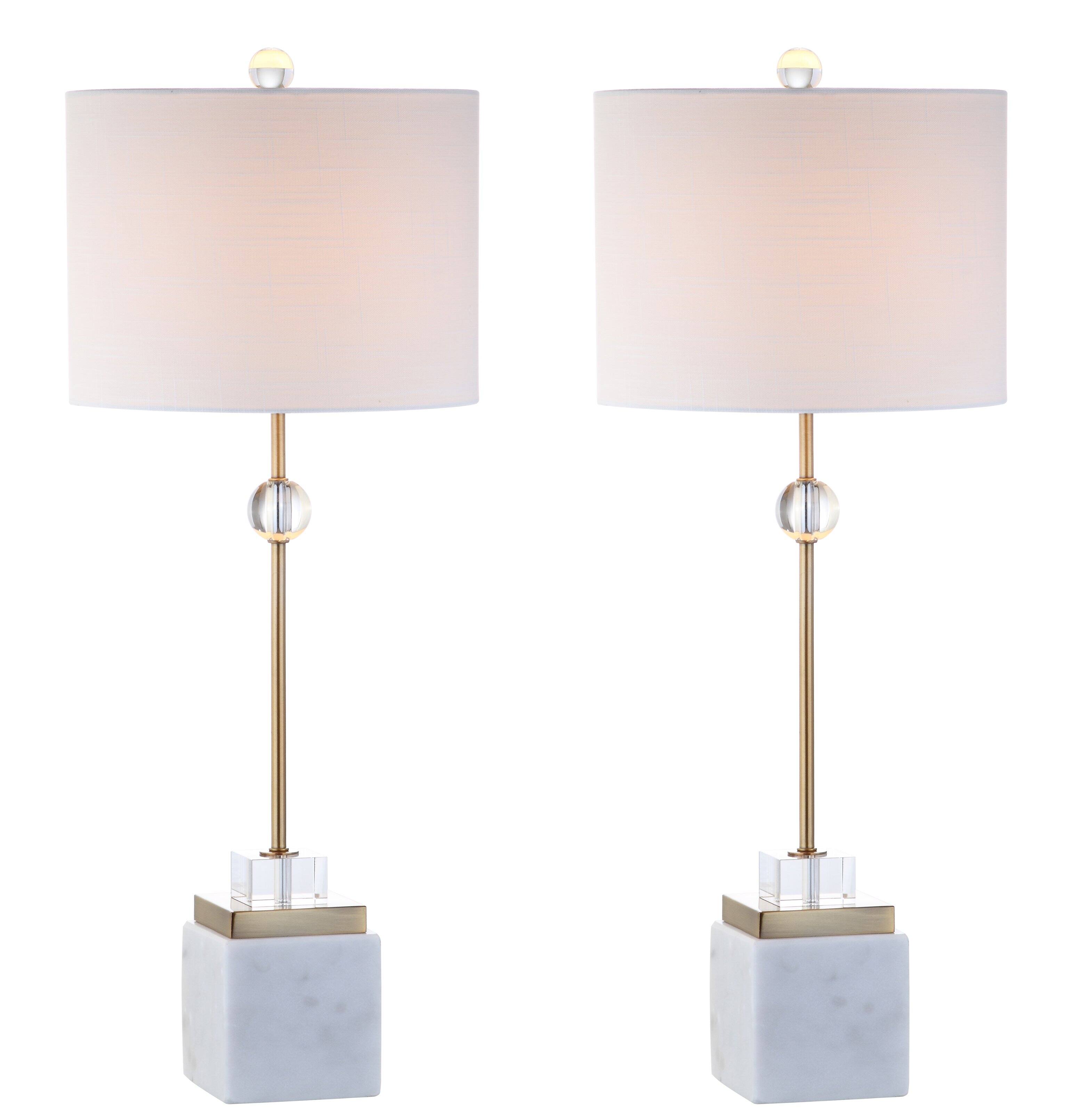Front. Jonathan Y - Dawson 30" Marble/Crystal LED Table Lamp, Brass (Set of 2) - White/Brass Gold.
