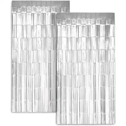 Front. Zink - Foil Curtain Backdrop, Tinsel Streamers for Photo Booth, Parties & Weddings - 2 Pack - Silver.