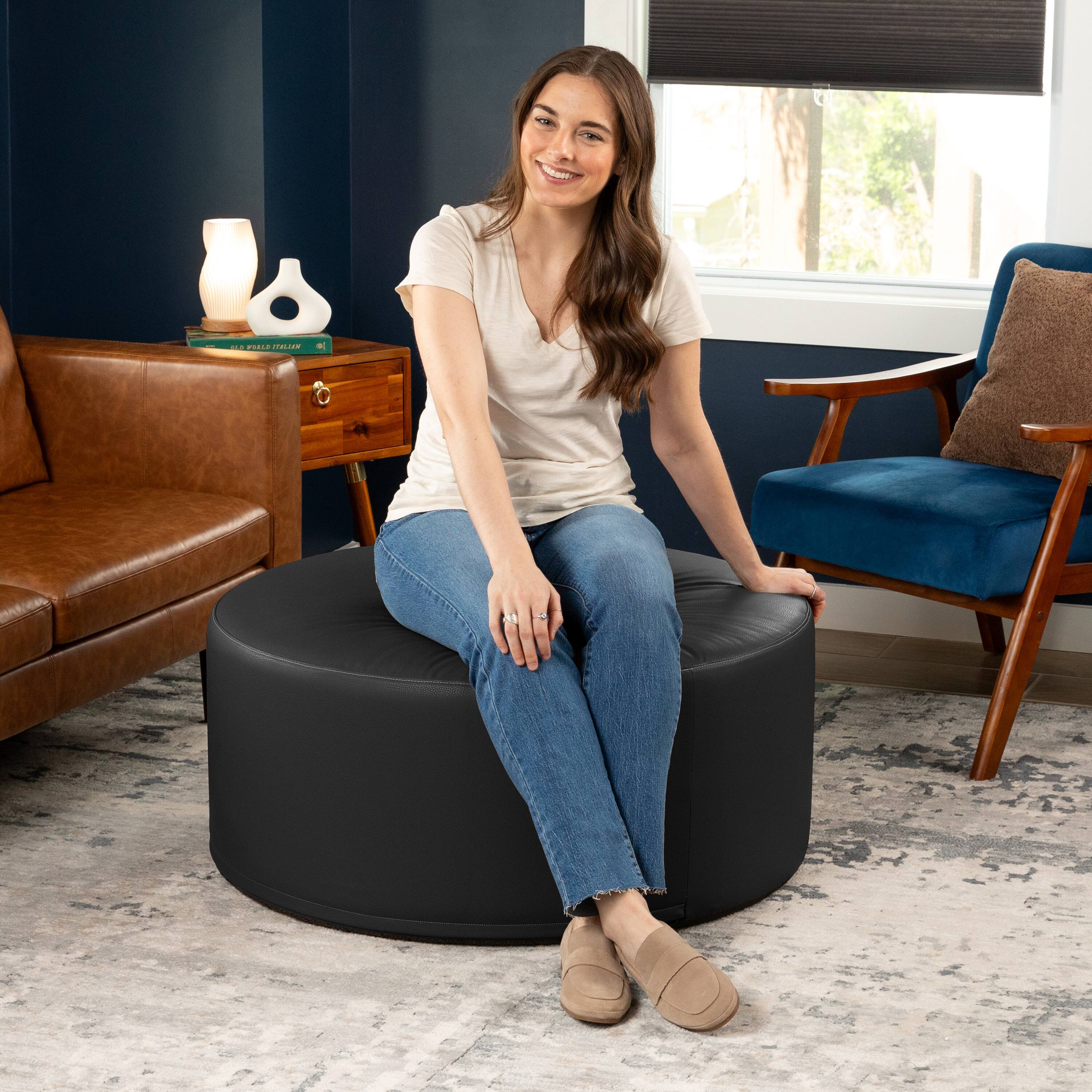 Left. Jaxx - Jaxx Candler Round Couch Oversized Giant Coffee Table Ottoman, Kid Safe with Removable Cover, Black - Faux Leather Black.