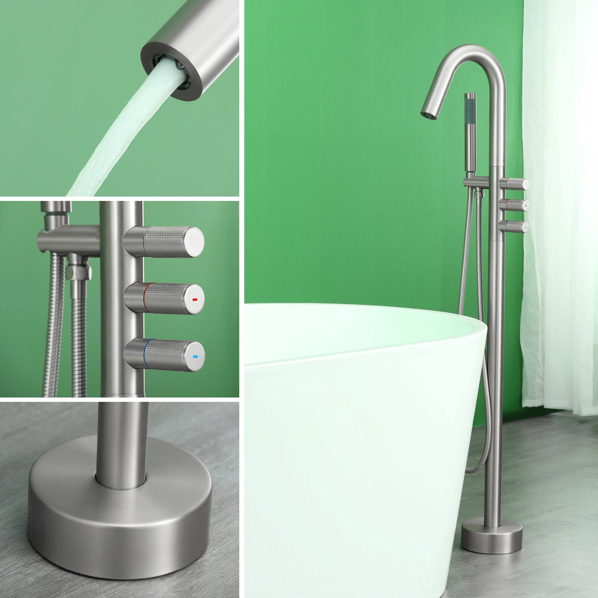 Alt View 3. Boyel Living - Brushed Bathtub Faucet Dual Function 360 Degrees Rotatable 1.5m SUS304 Hose Triple Knob - Brushed Nickel.