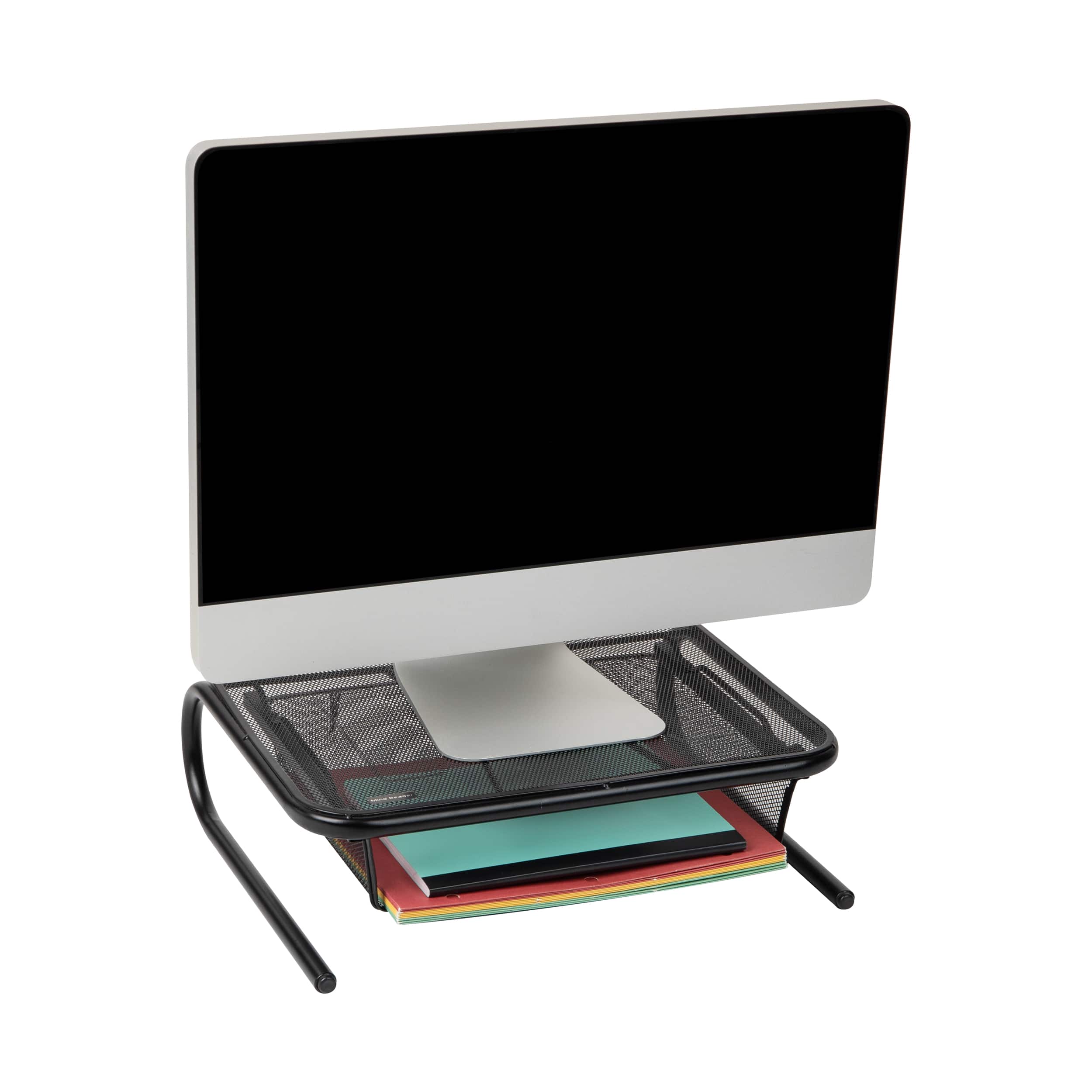 Front. Mind Reader - Monitor Stand, Ventilated Laptop Riser, Desktop Organizer, Paper Tray, Metal Mesh, 16.75"L x 13"W x 5.25"H - Black.