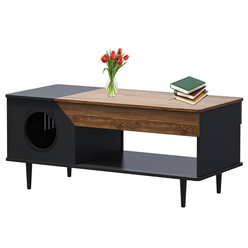 Front. GARVEE - 45" Wooden Rustic Coffee Table with Cat House,Hidden Kitty Litter Box Furniture,Living Room Tables with Storage Drawer - Black.