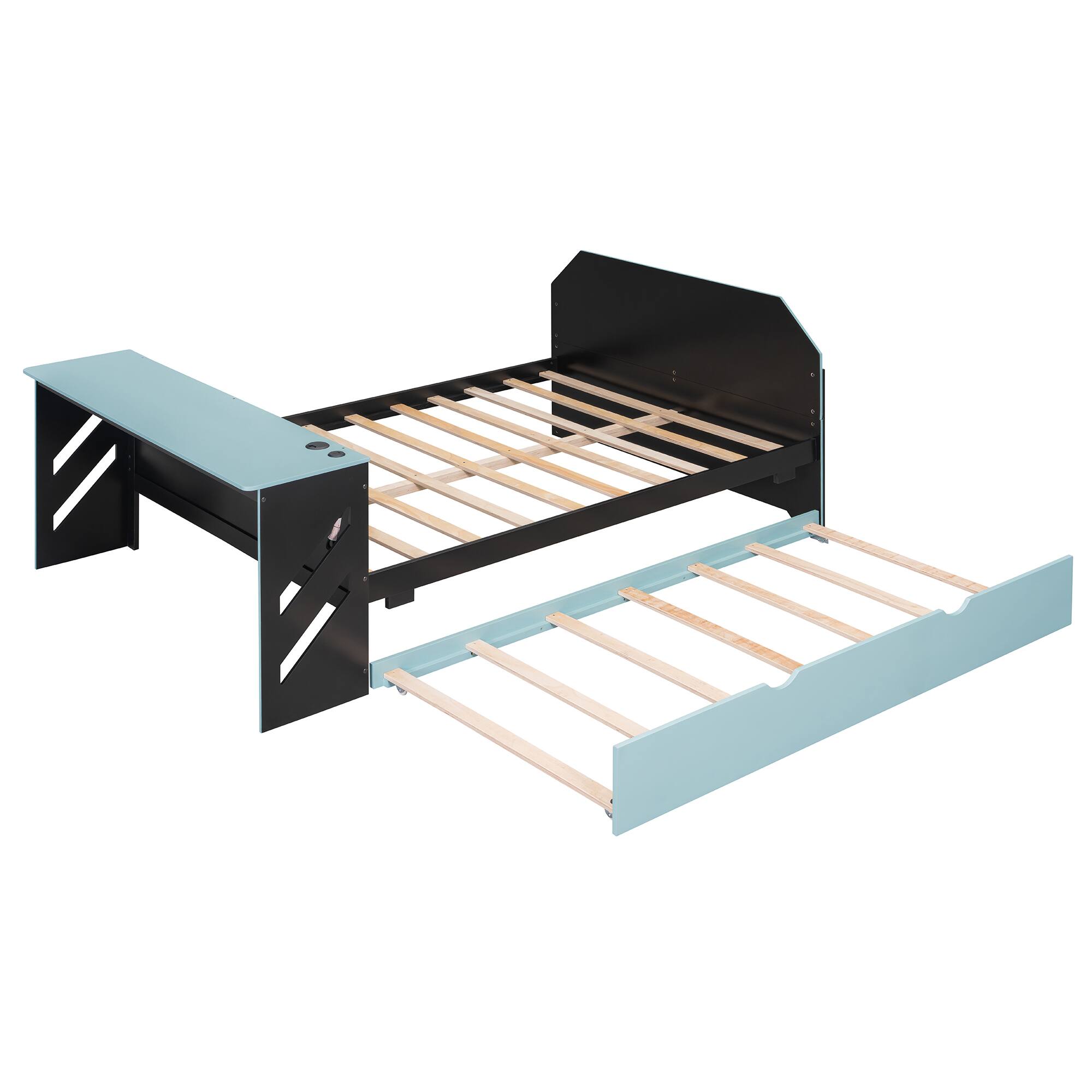 Alt View 1. Anysun - Full Size Wood Daybed with Twin Size Trundle,Desk and USB - Blue.